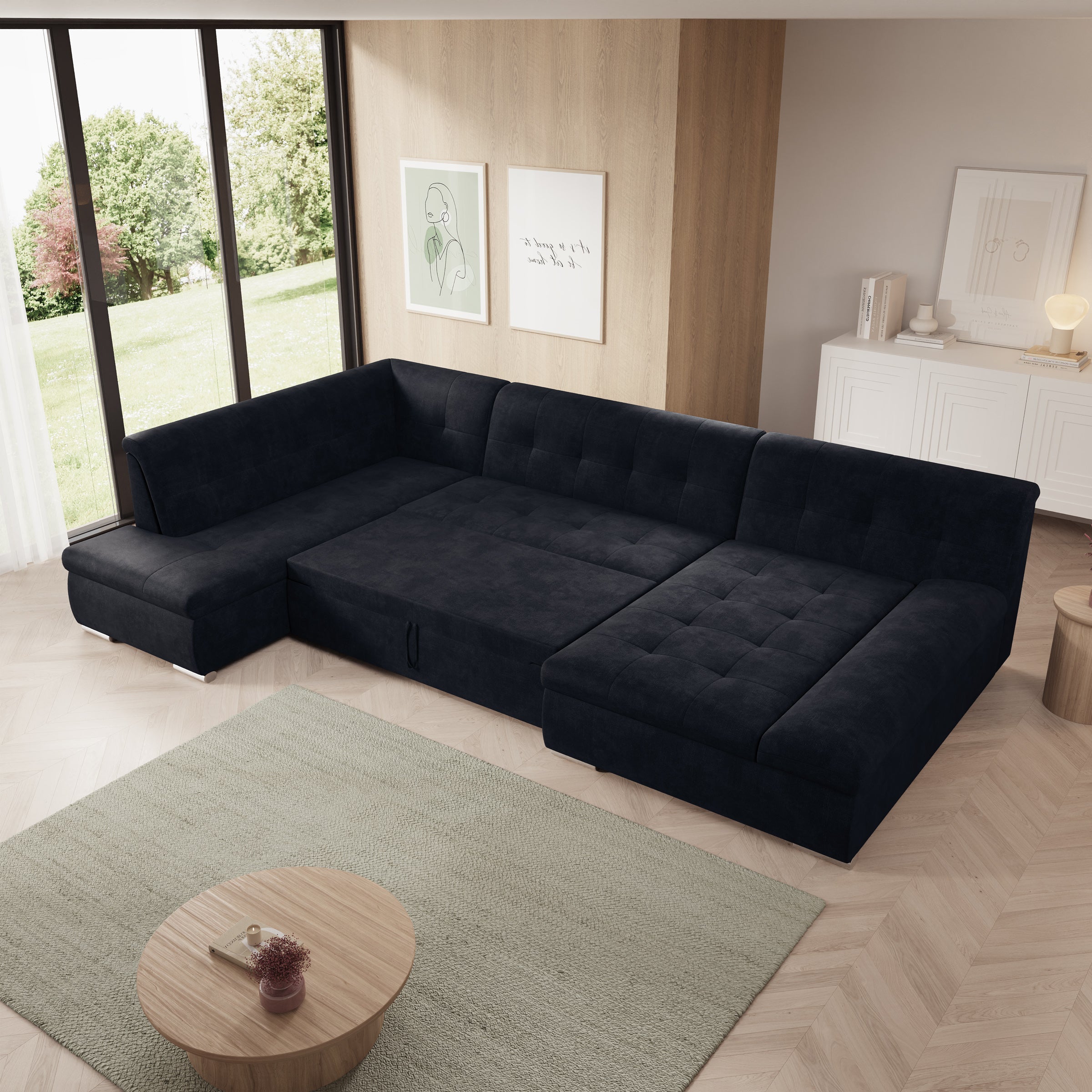 Alberta XL - Hoekbank 5-zits met slaapfunctie - Velvet zwart - Rechts