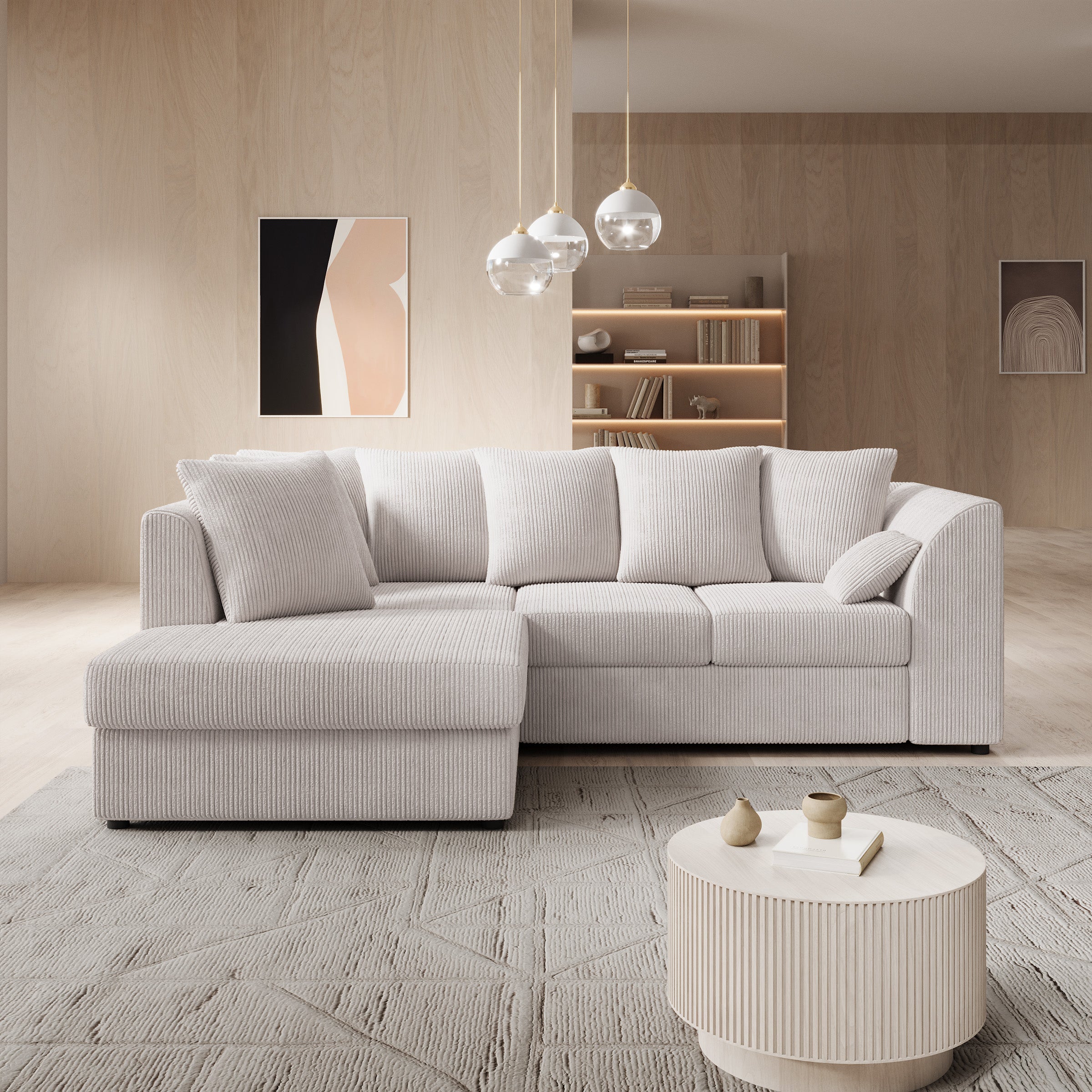Alfort - Hoekbank 3-zits met chaise longue - Ribstof beige - Links