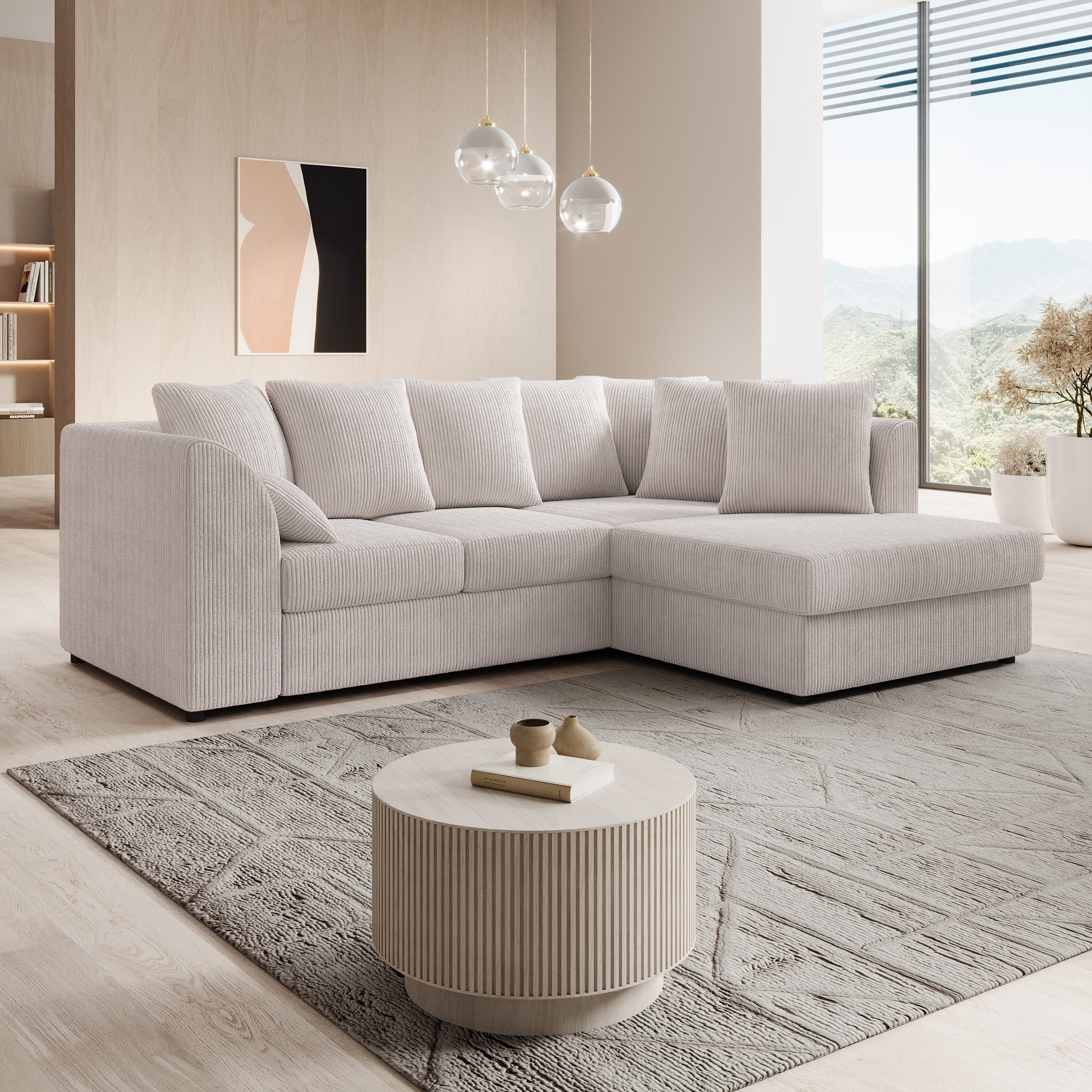 Alfort - Hoekbank 3-zits met chaise longue - Ribstof beige - Rechts