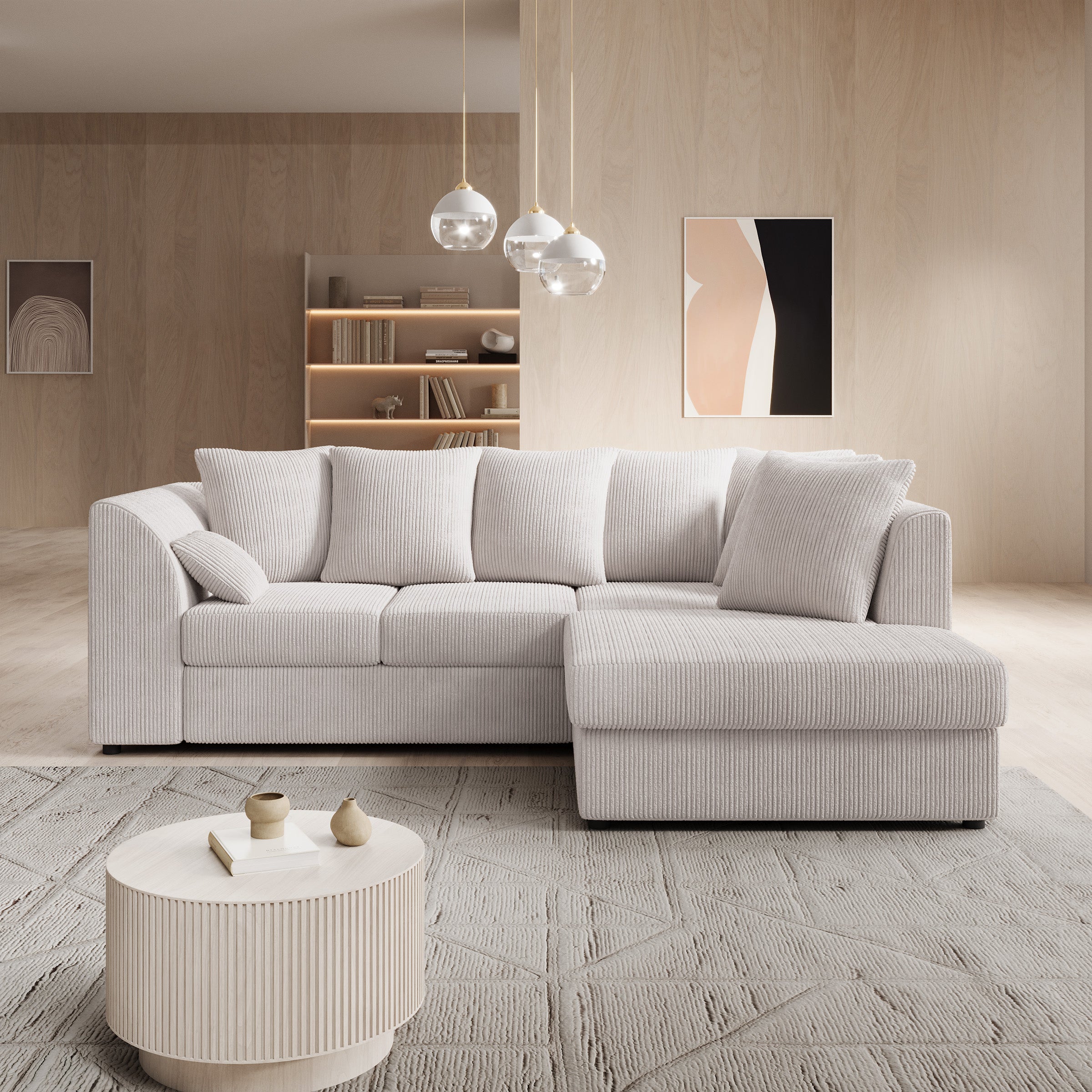 Alfort - Hoekbank 3-zits met chaise longue - Ribstof beige - Rechts