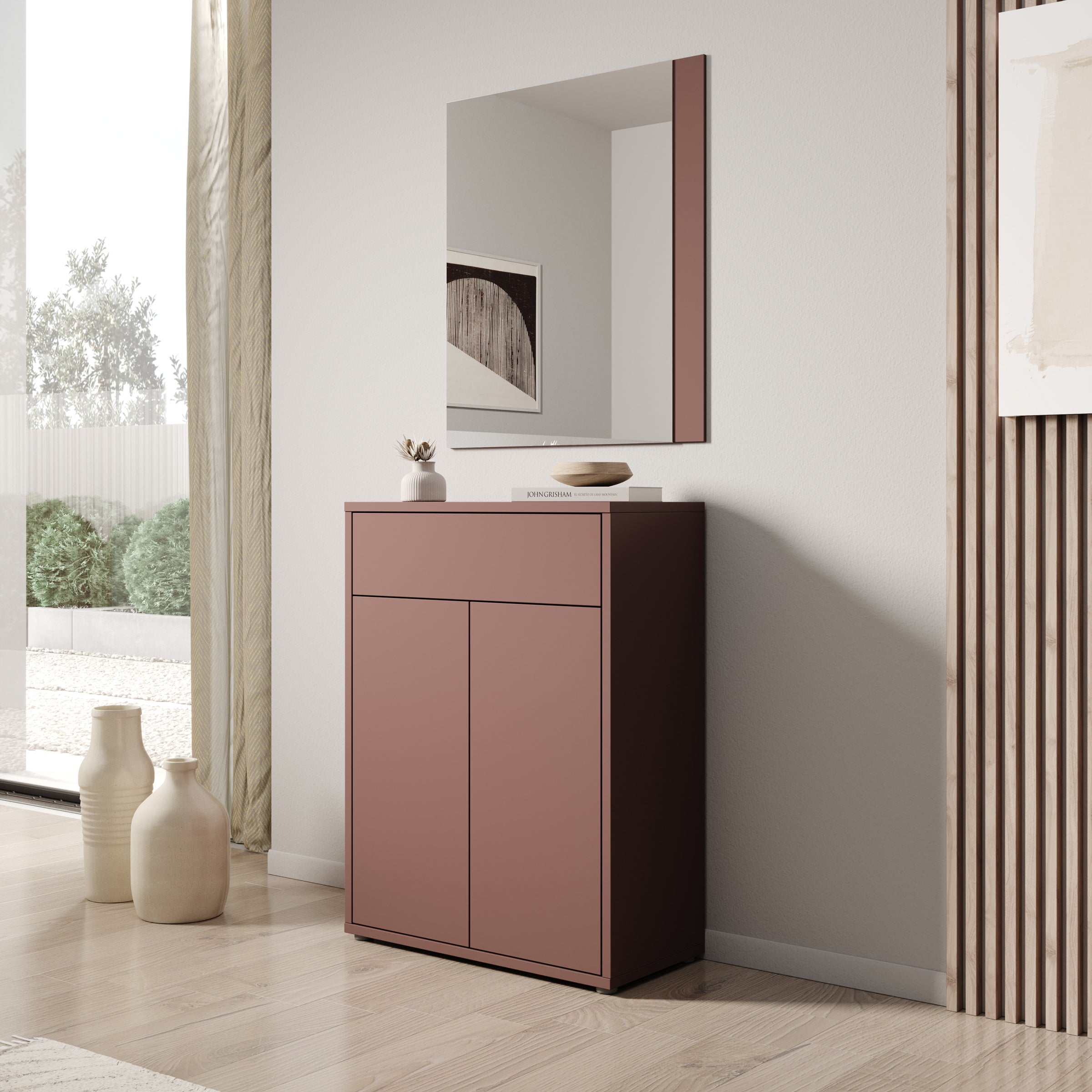 Amber - Schoenenkast met spiegel - Terracotta - 74x35x200 cm