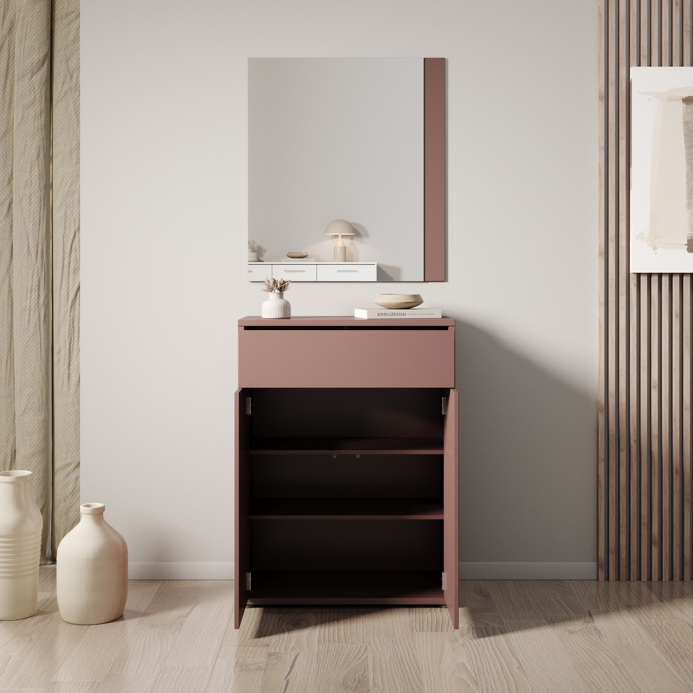 Amber - Schoenenkast met spiegel - Terracotta - 74x35x200 cm