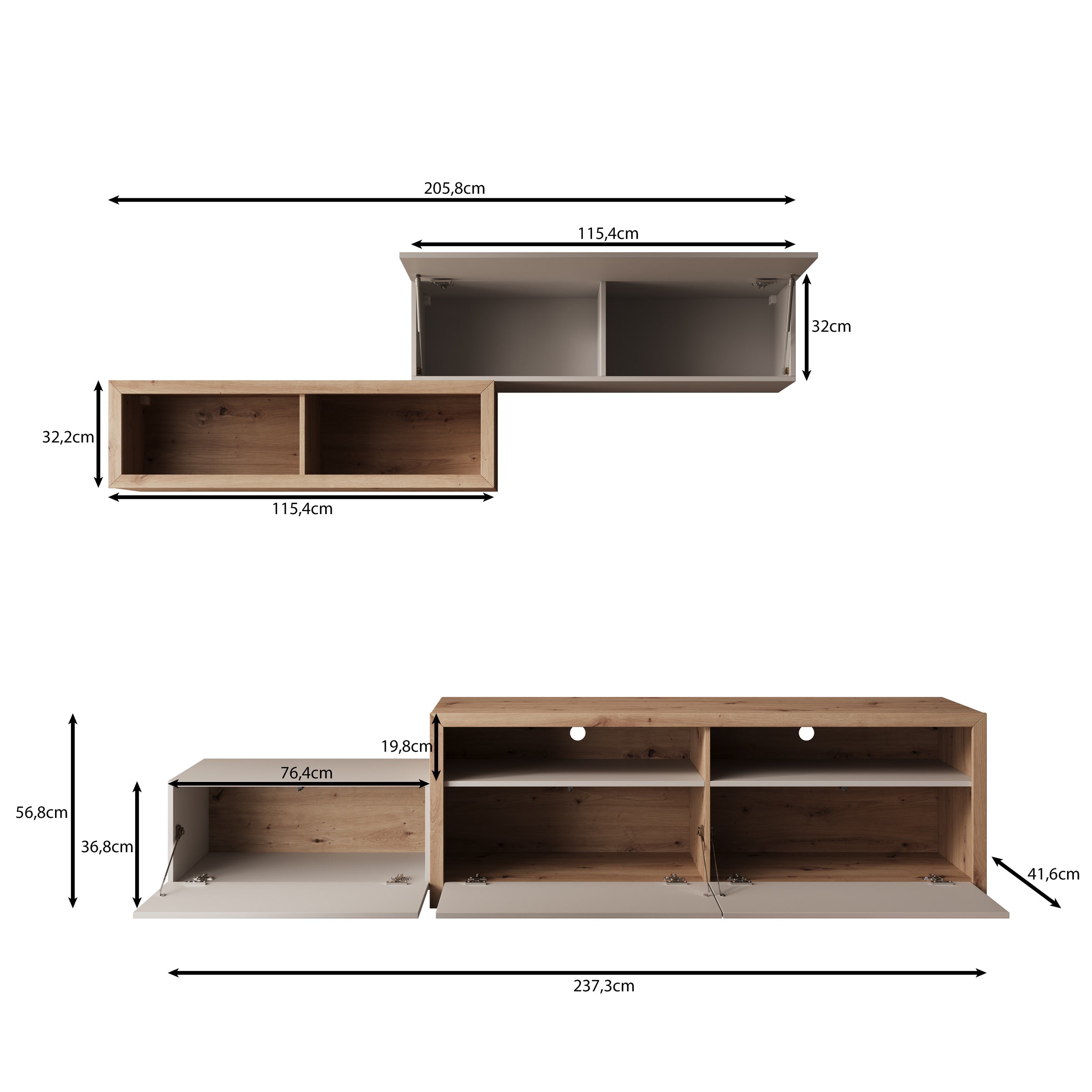Amedeo - Wandmeubel - Beige/Eikenpatroon - 237x42x57 cm