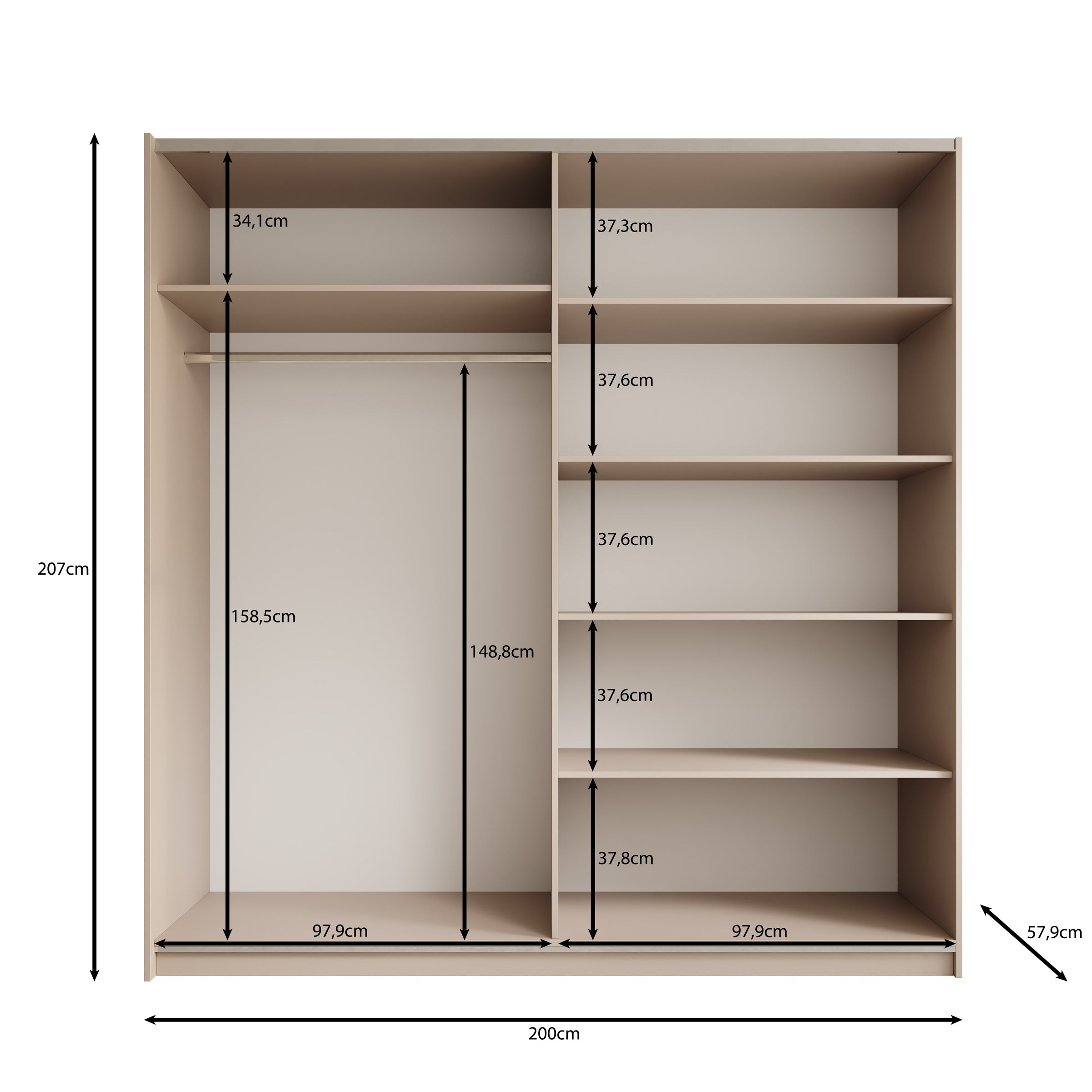 Andros - Kledingkast met schuifdeuren - Donker eiken - 200x58x207 cm