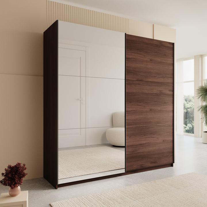 Andros - Kledingkast met schuifdeuren - Donker eiken - 200x58x207 cm