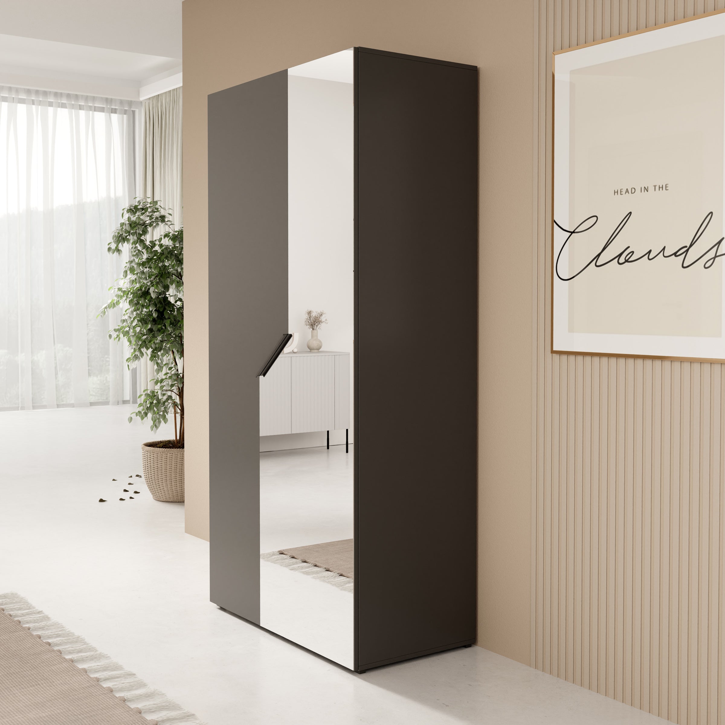 Arena - Kledingkast 2-deurs met spiegel - Zwart - 100x50x202 cm