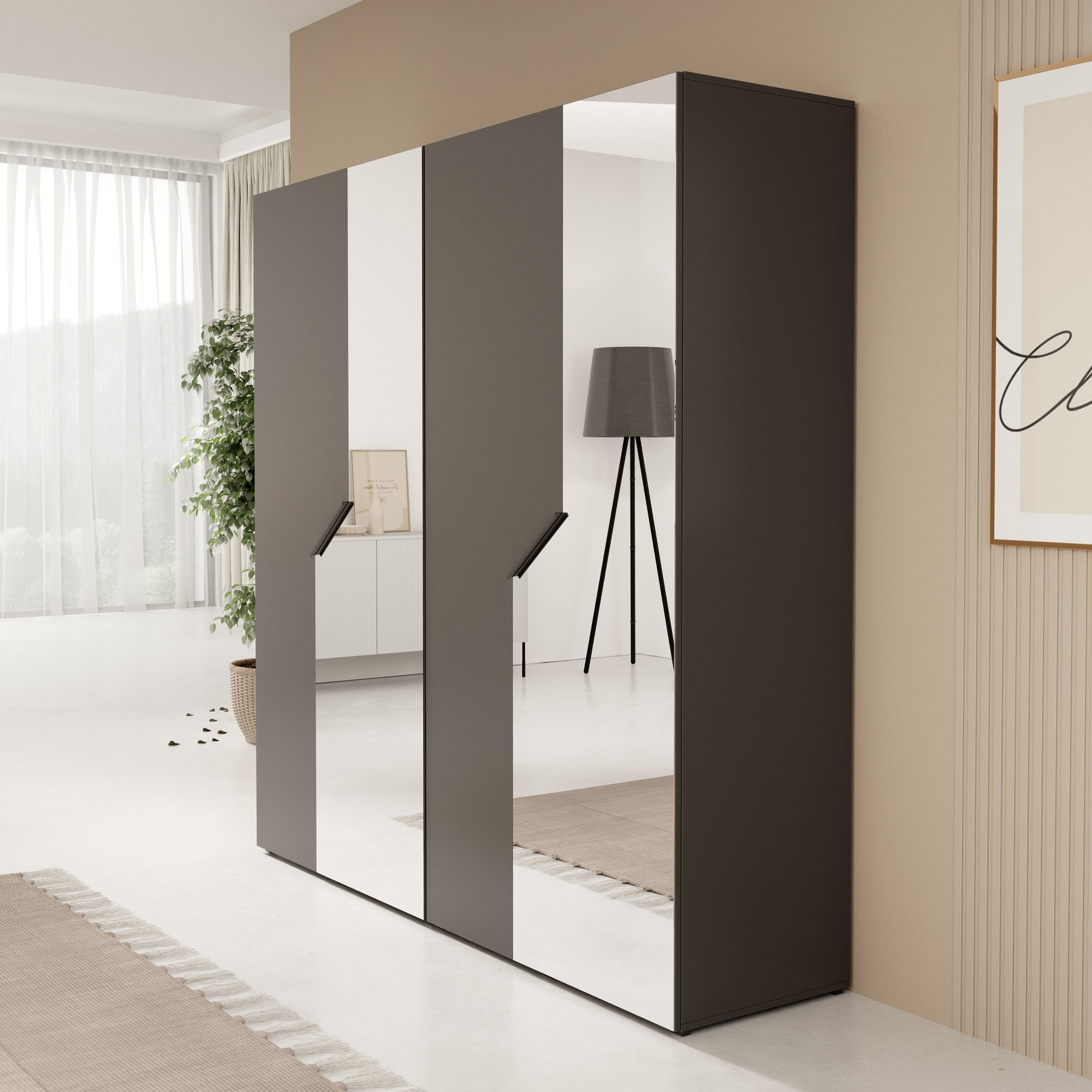 Arena - Kledingkast 4-deurs met spiegel - Zwart - 200x50x202 cm