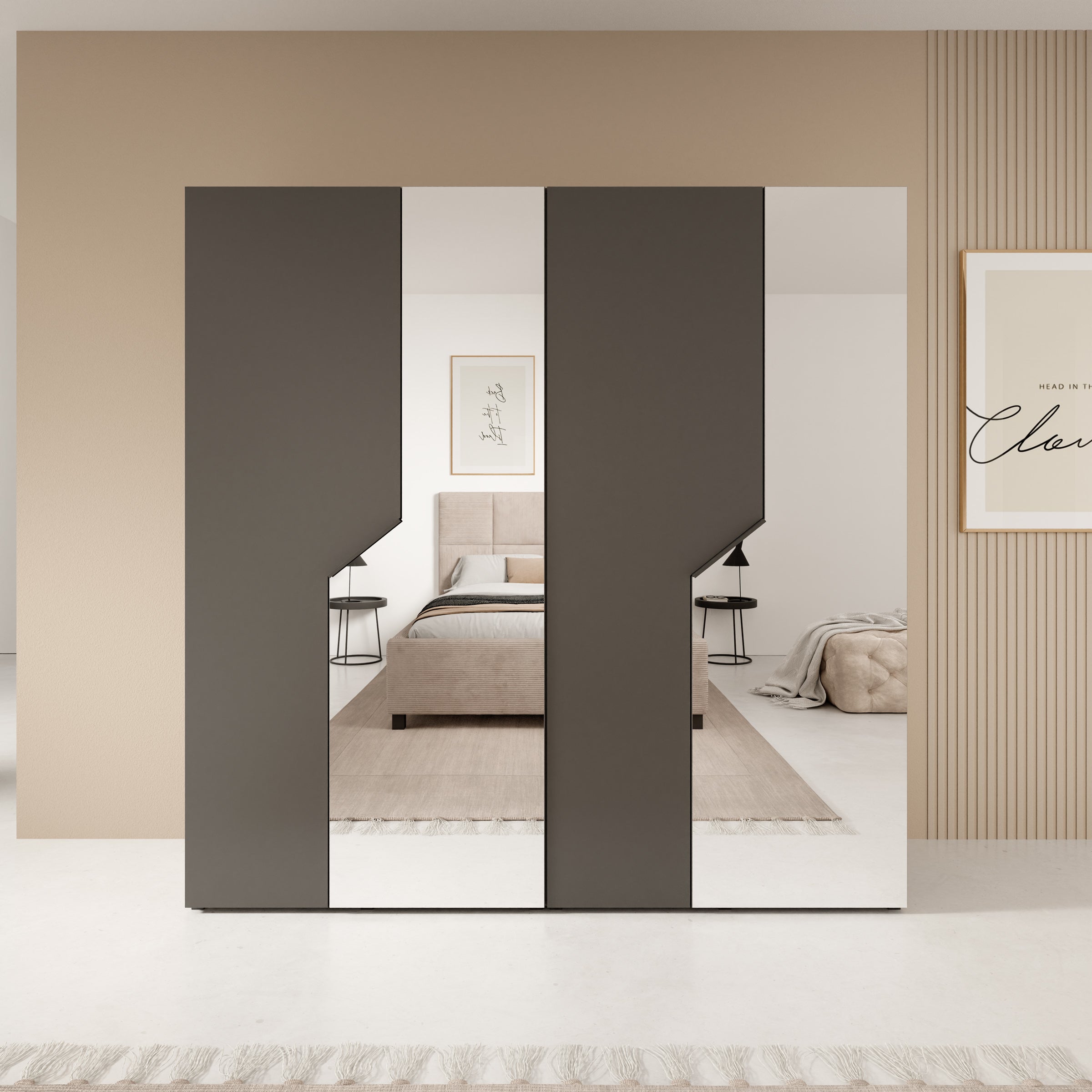Arena - Kledingkast 4-deurs met spiegel - Zwart - 200x50x202 cm