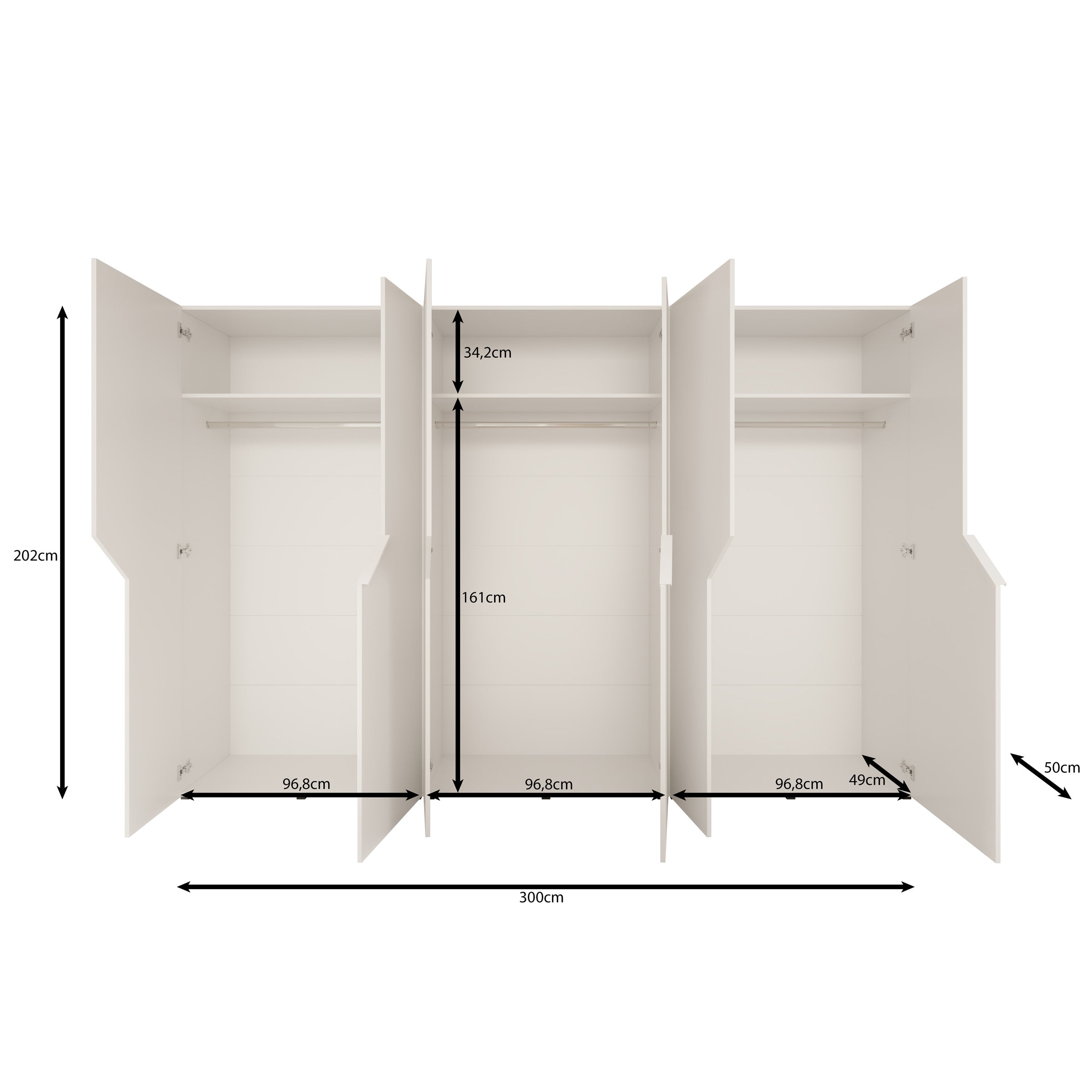 Arena - Kledingkast 6-deurs - Wit - 300x50x202 cm