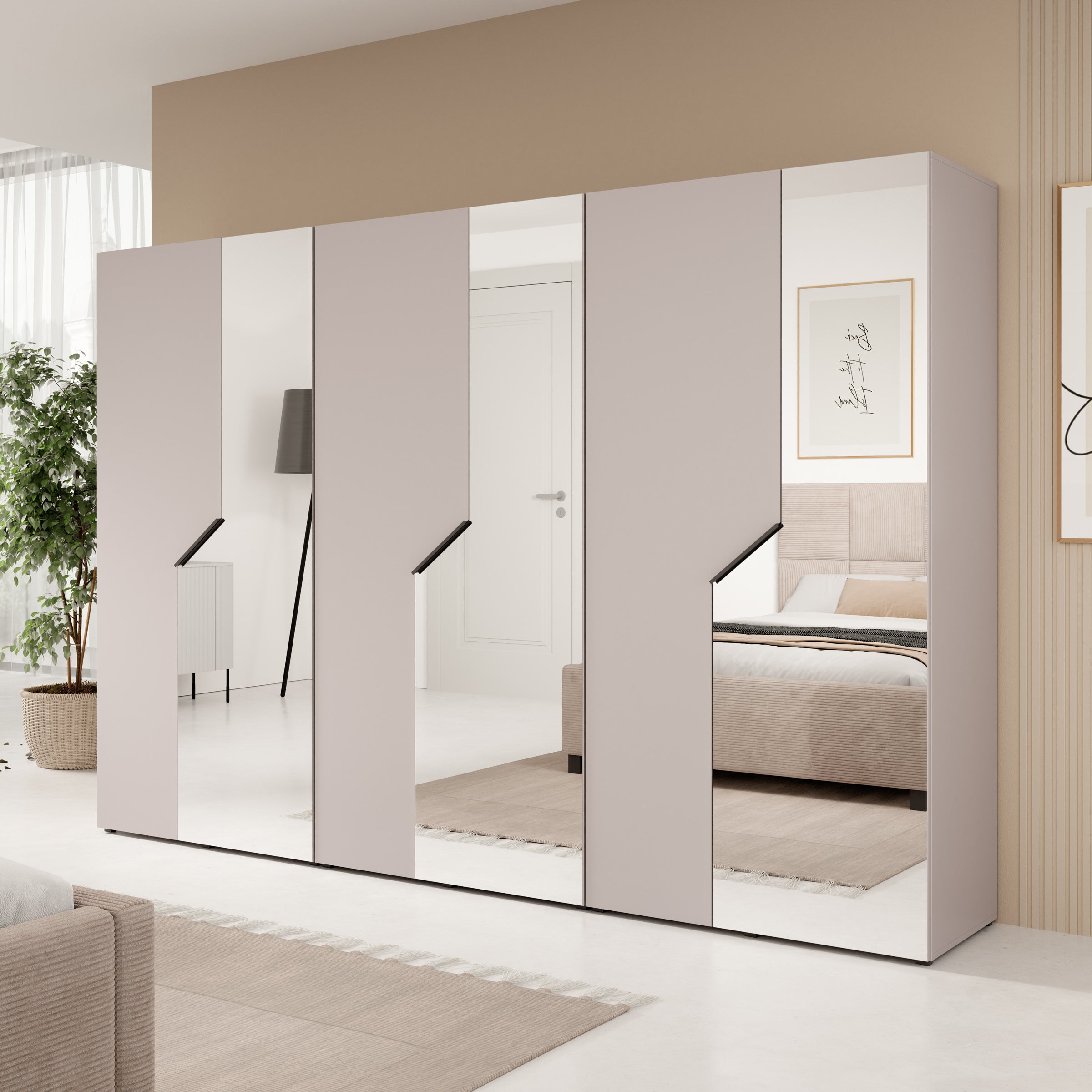 Arena - Kledingkast 6-deurs met spiegel - Beige - 300x50x202 cm