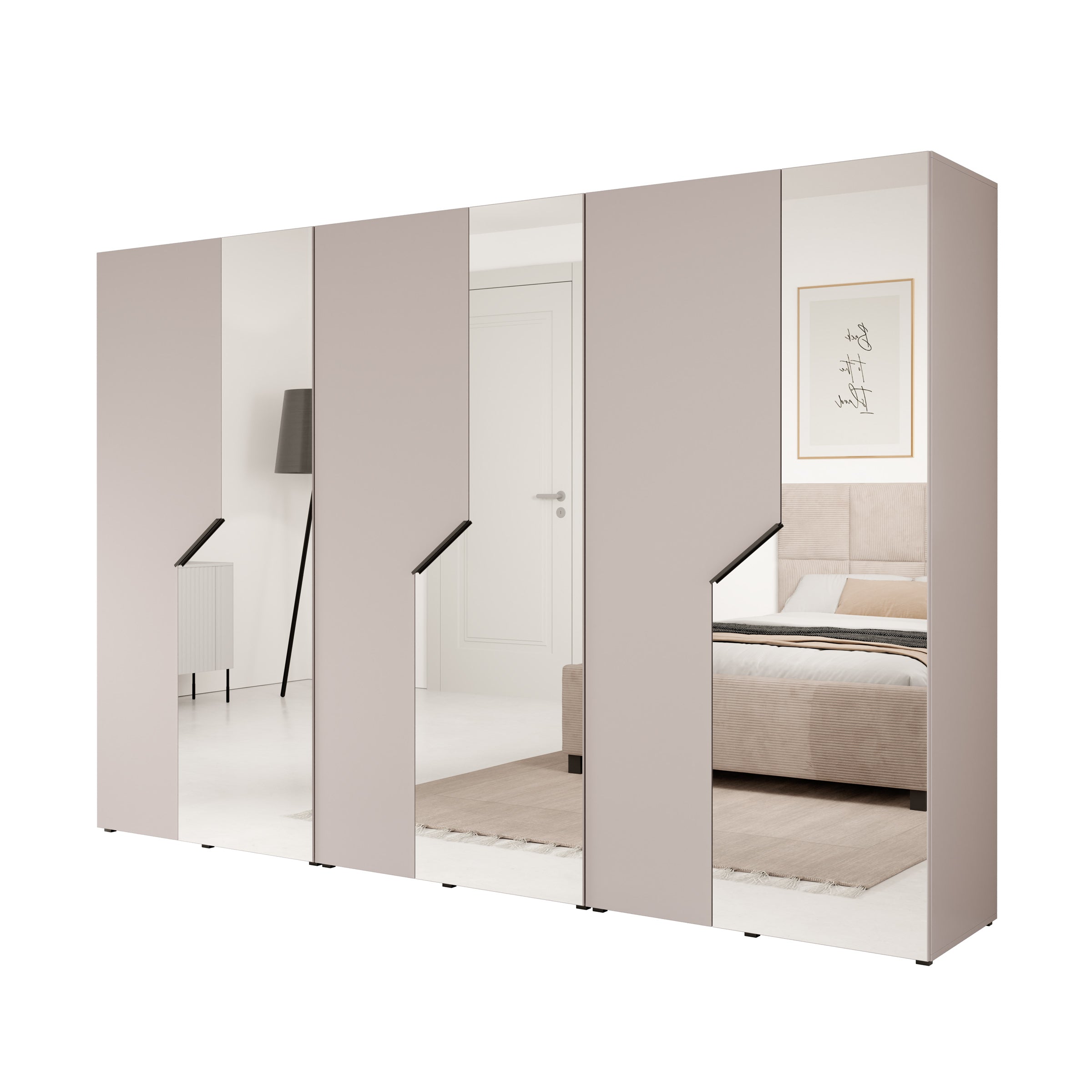 Arena - Kledingkast 6-deurs met spiegel - Beige - 300x50x202 cm
