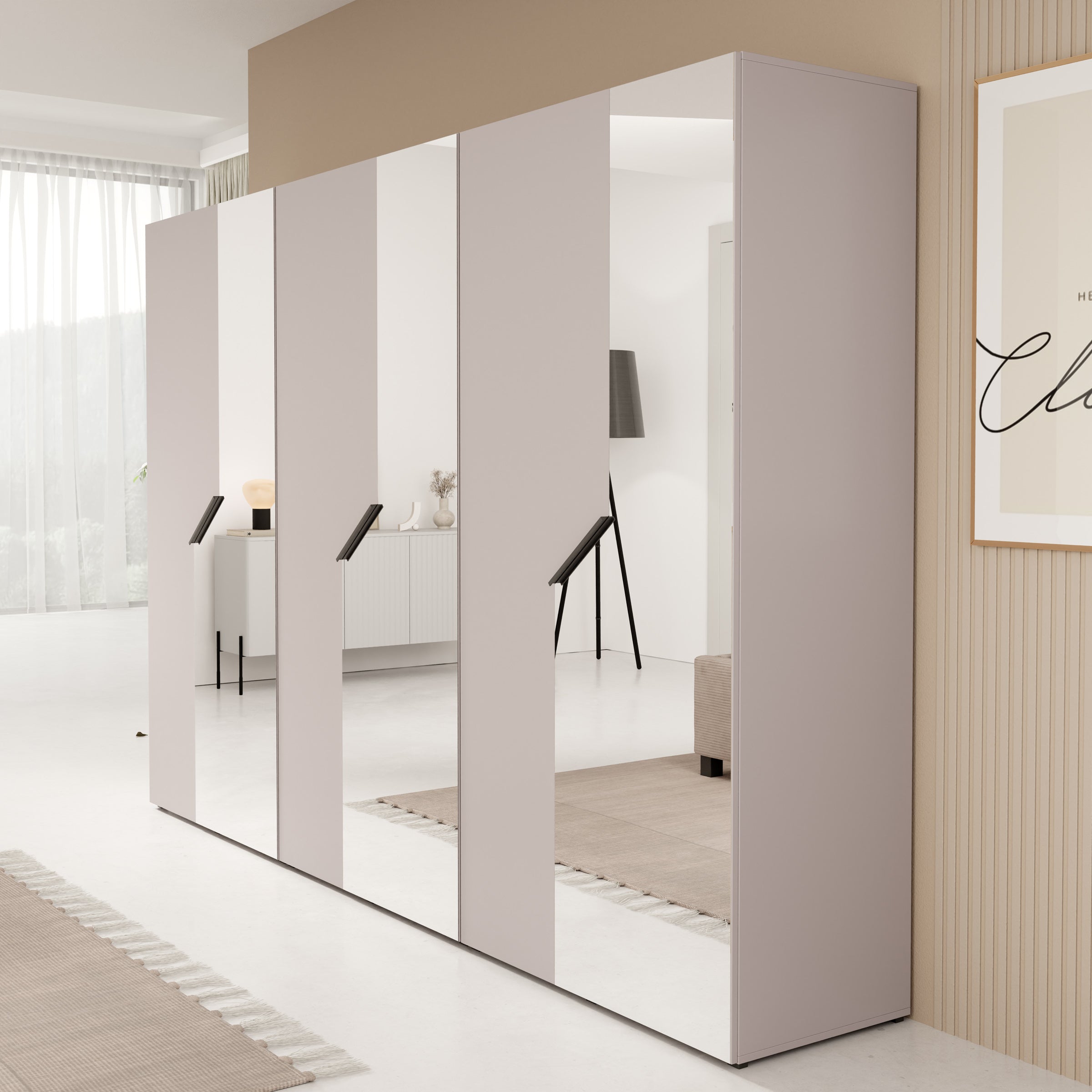 Arena - Kledingkast 6-deurs met spiegel - Beige - 300x50x202 cm