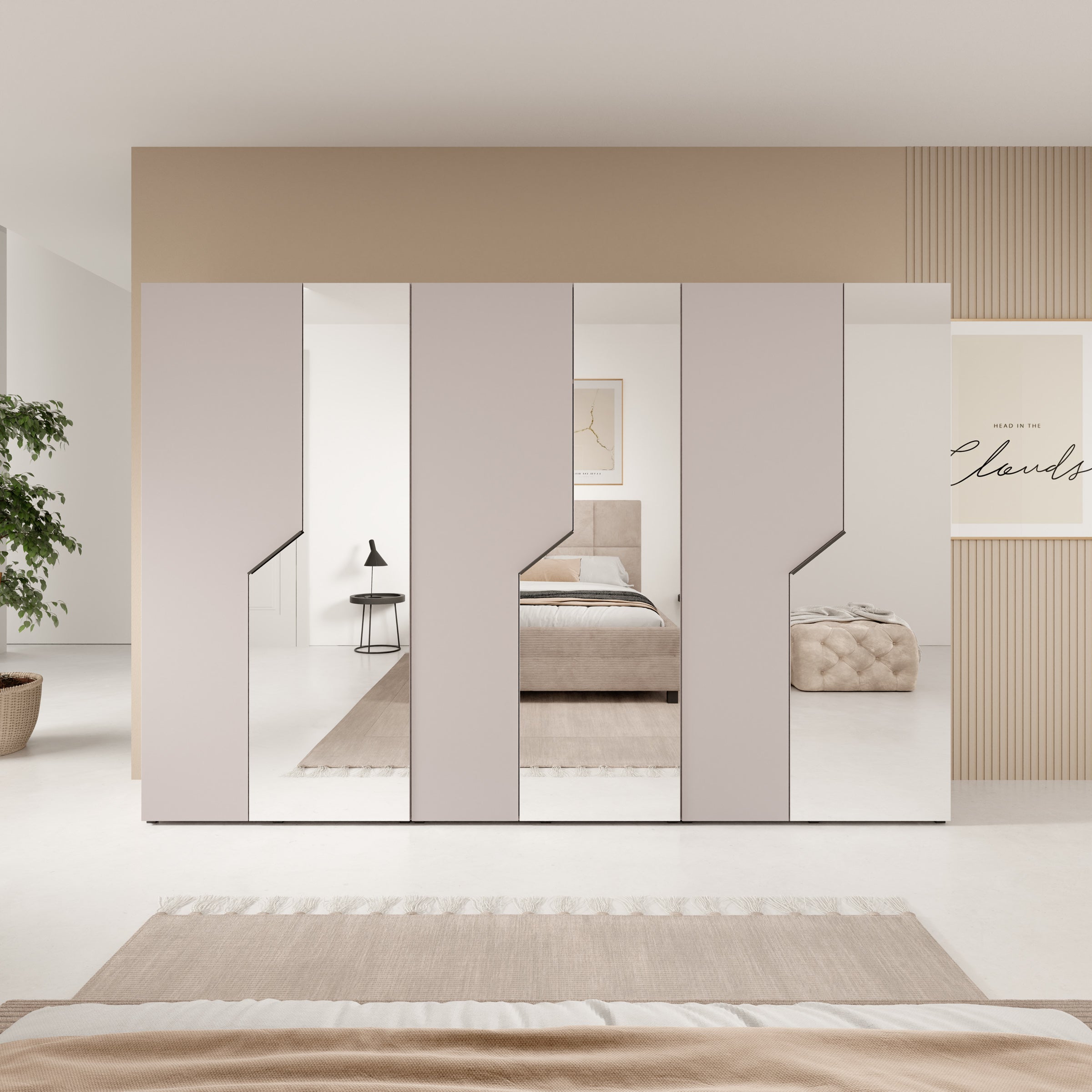 Arena - Kledingkast 6-deurs met spiegel - Beige - 300x50x202 cm