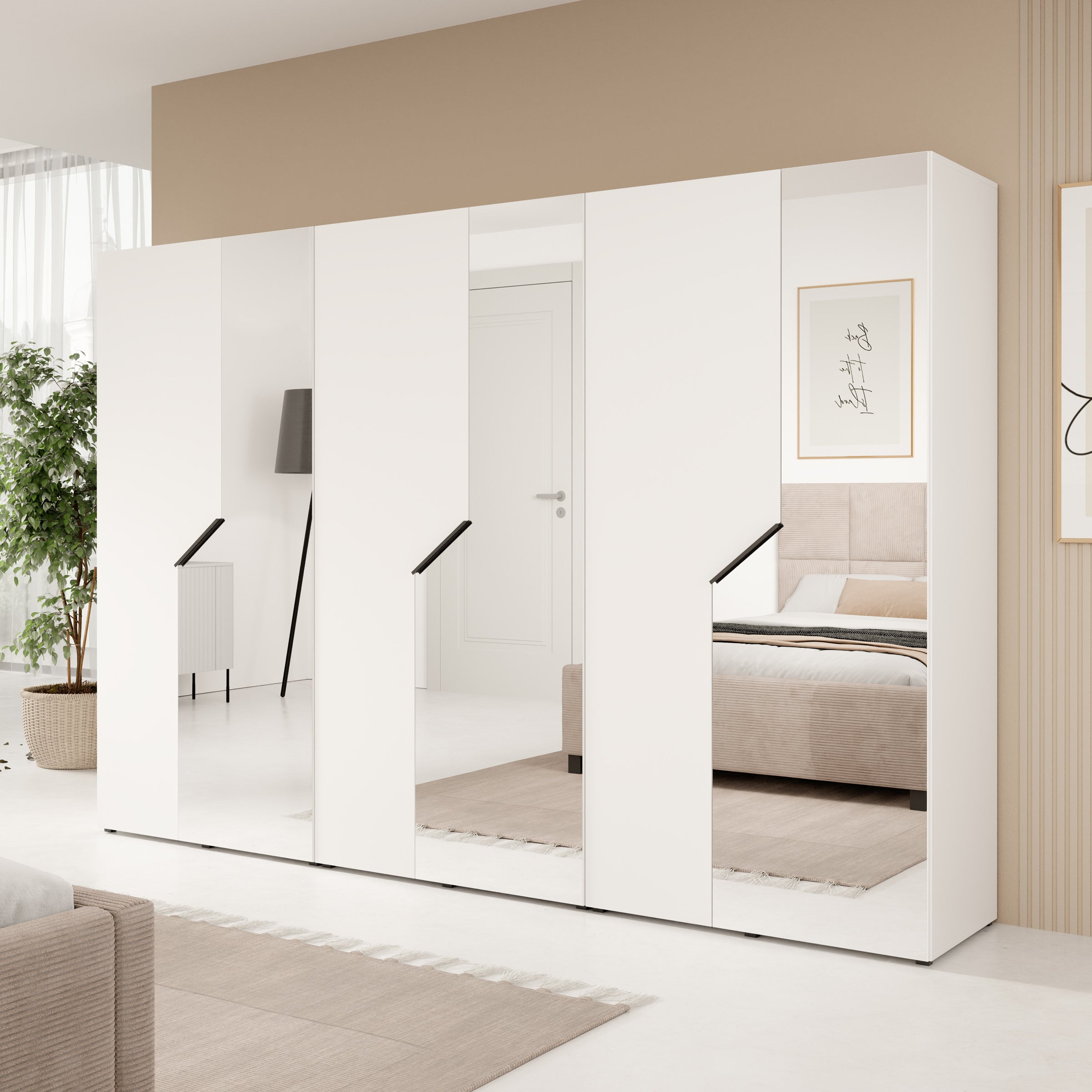 Arena - Kledingkast 6-deurs met spiegel - Wit - 300x50x202 cm