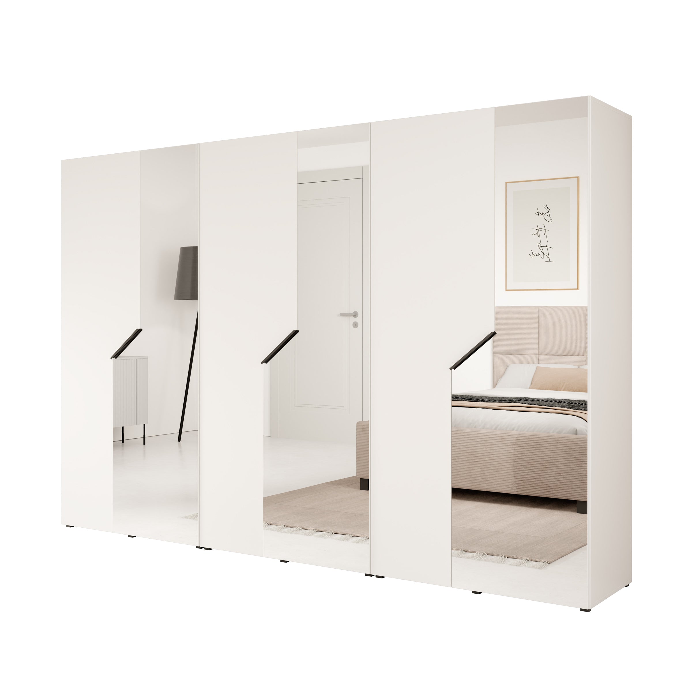 Arena - Kledingkast 6-deurs met spiegel - Wit - 300x50x202 cm