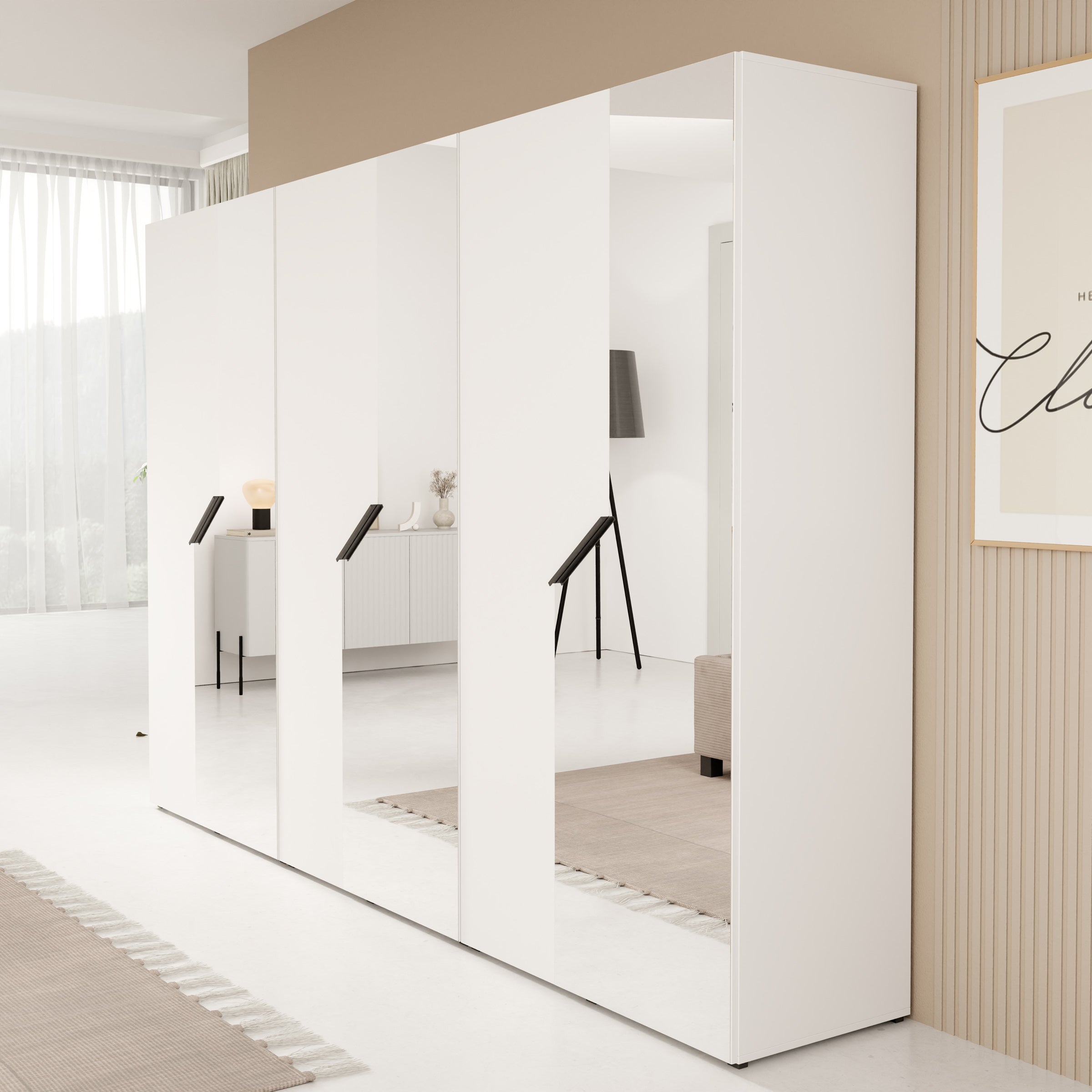 Arena - Kledingkast 6-deurs met spiegel - Wit - 300x50x202 cm