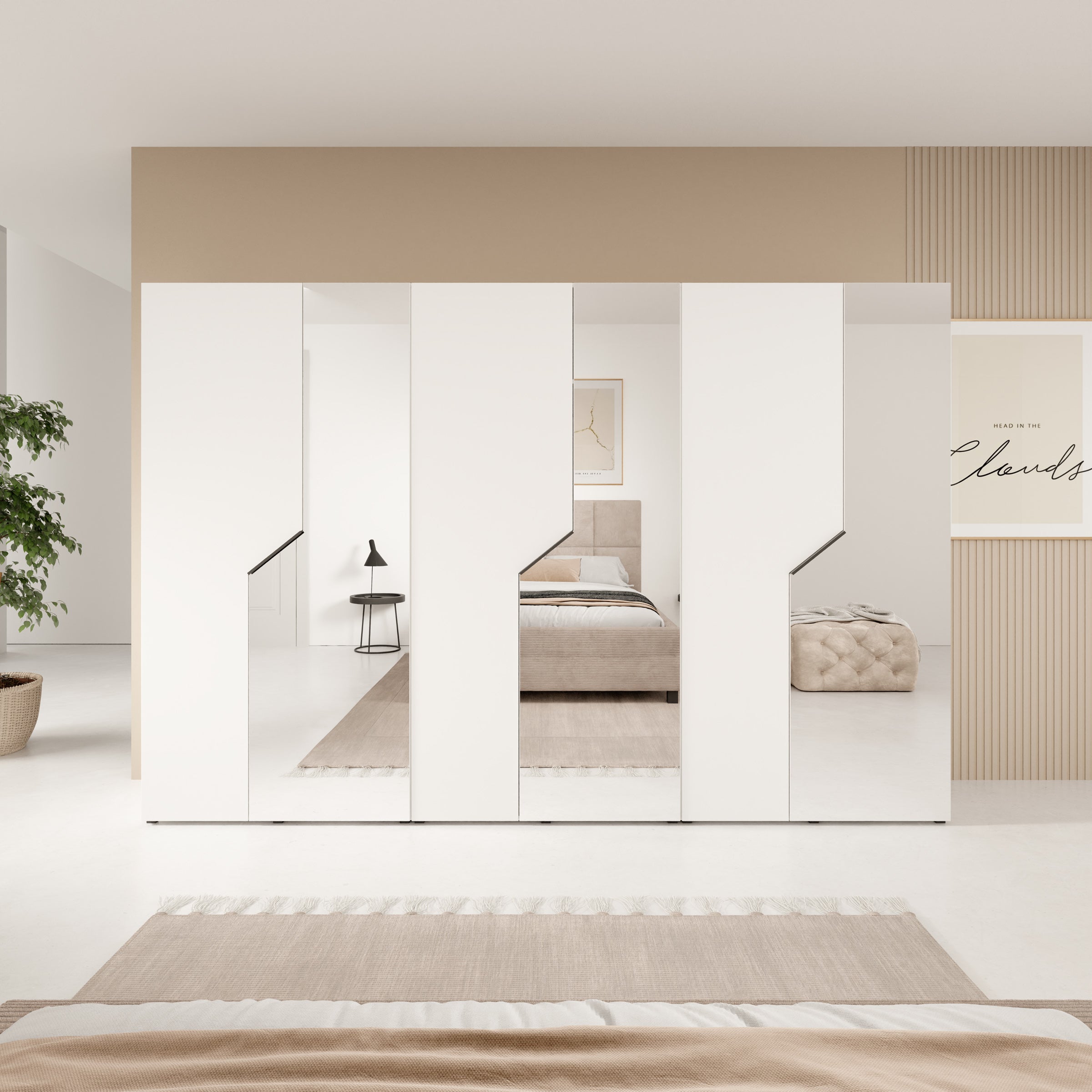 Arena - Kledingkast 6-deurs met spiegel - Wit - 300x50x202 cm