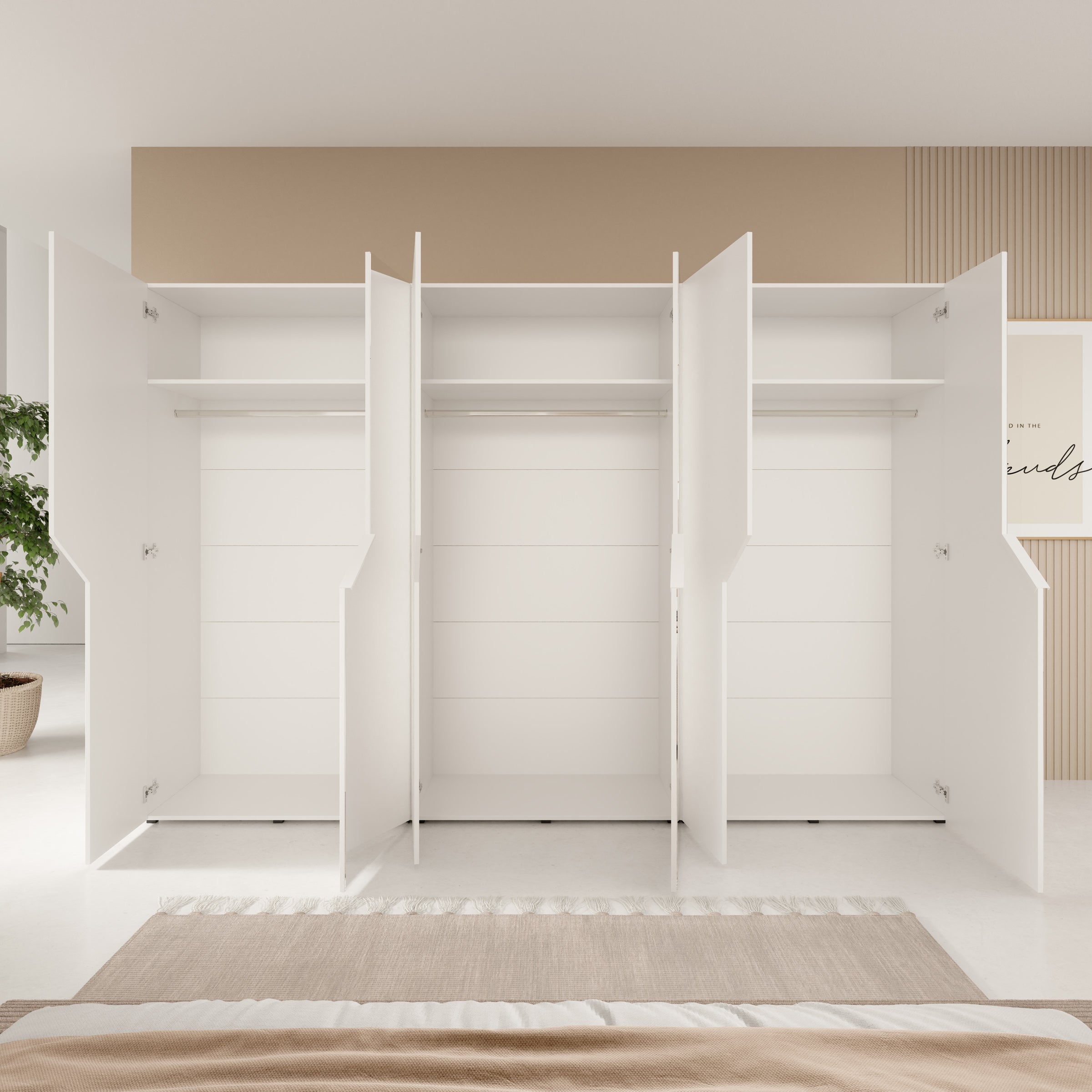 Arena - Kledingkast 6-deurs met spiegel - Wit - 300x50x202 cm