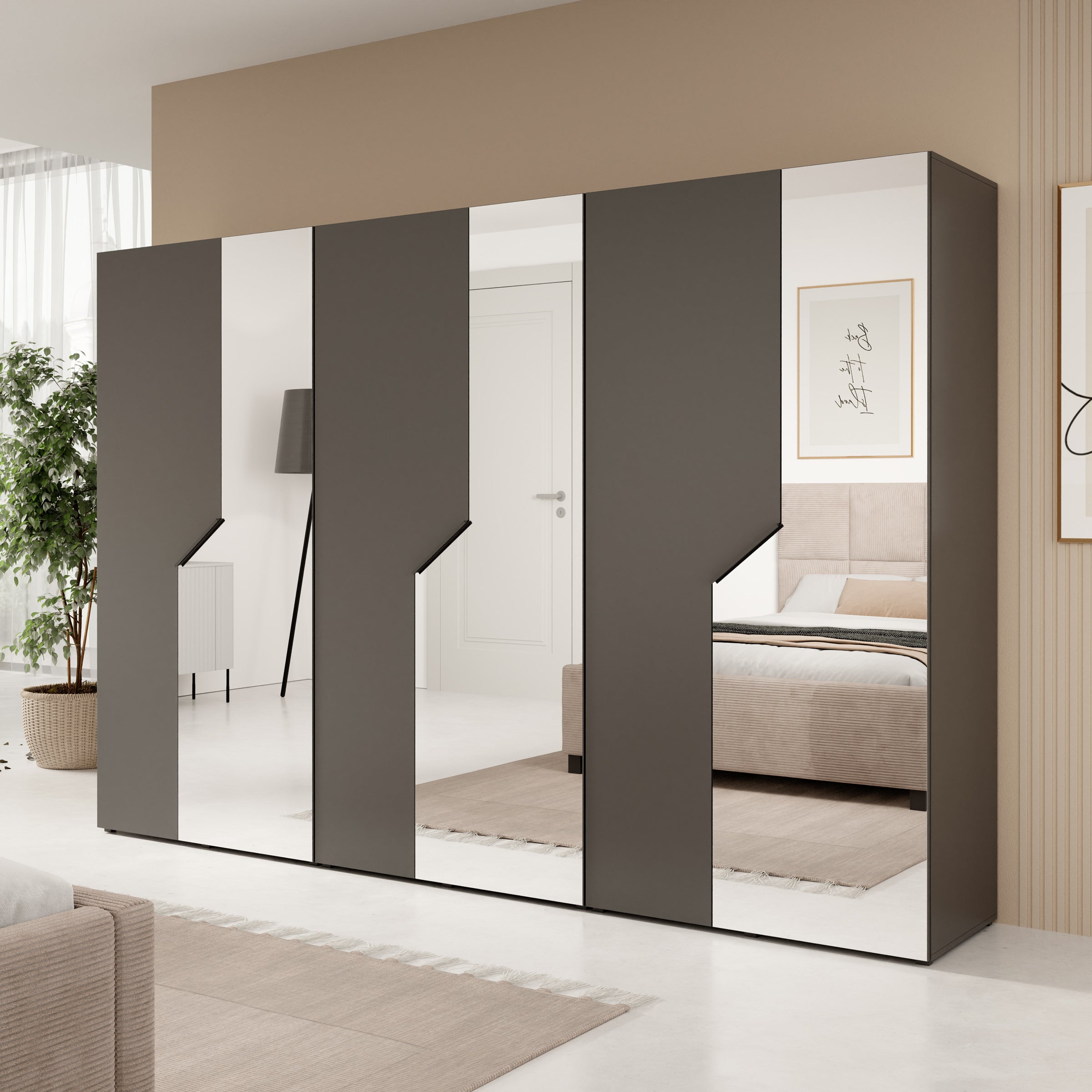 Arena - Kledingkast 6-deurs met spiegel - Zwart - 300x50x202 cm