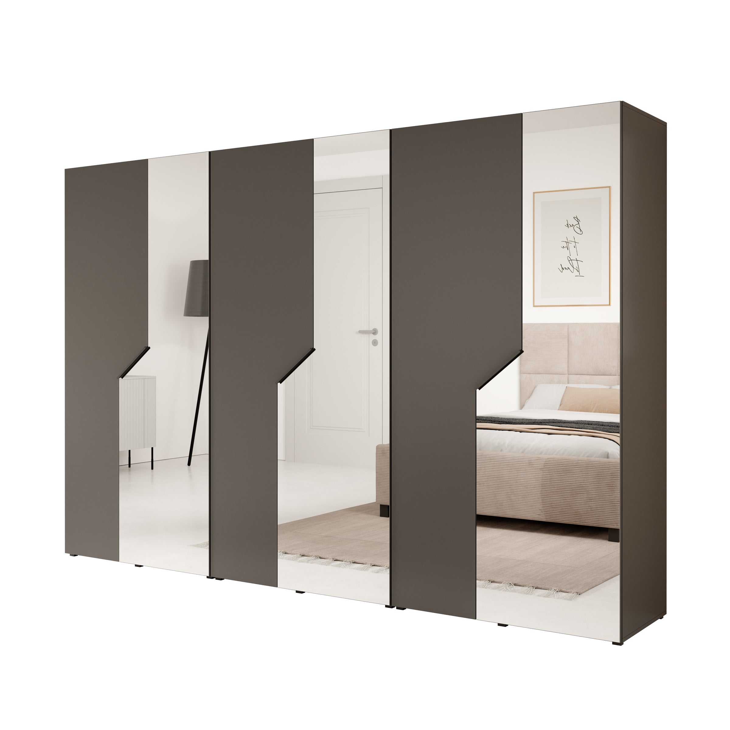 Arena - Kledingkast 6-deurs met spiegel - Zwart - 300x50x202 cm