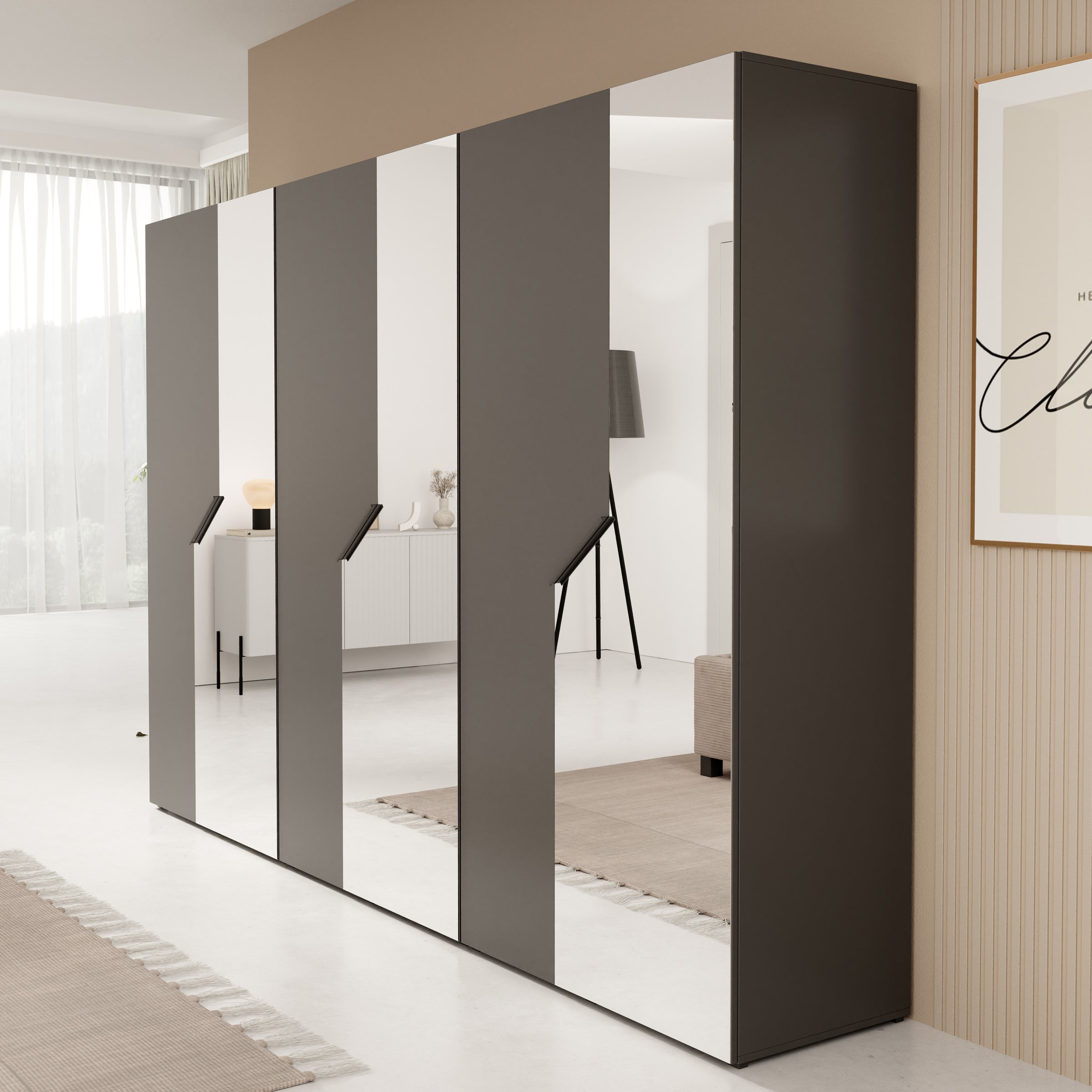 Arena - Kledingkast 6-deurs met spiegel - Zwart - 300x50x202 cm