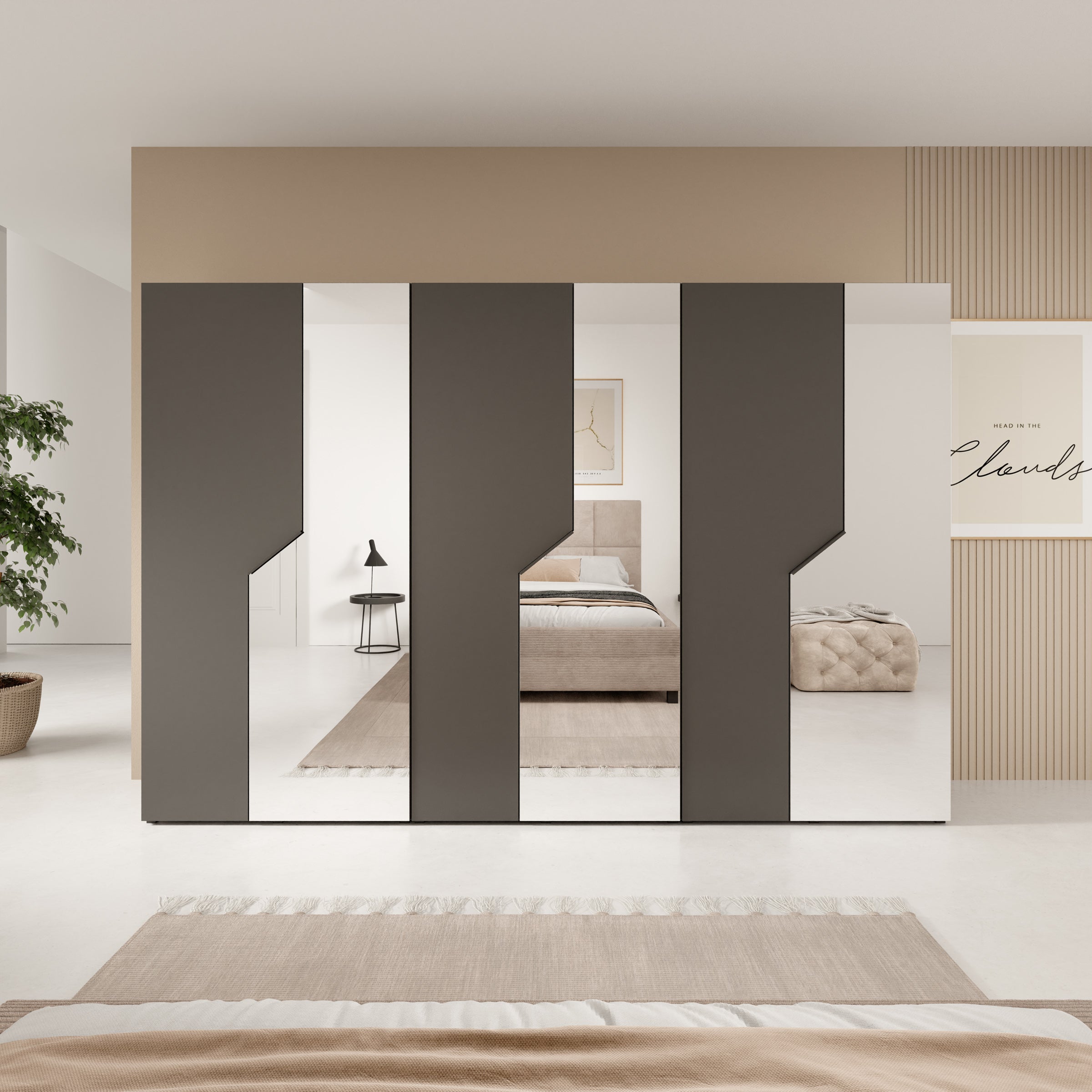 Arena - Kledingkast 6-deurs met spiegel - Zwart - 300x50x202 cm
