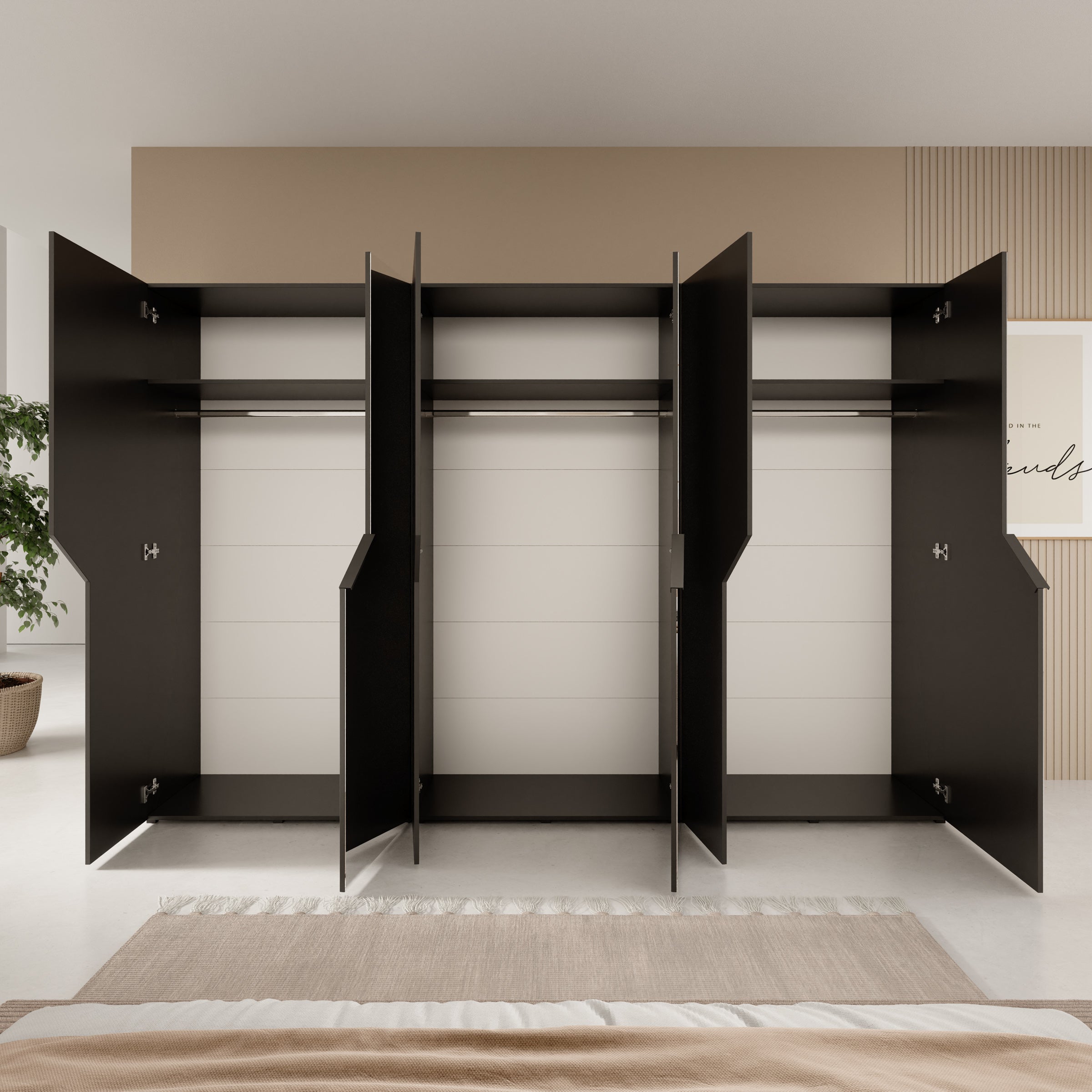 Arena - Kledingkast 6-deurs met spiegel - Zwart - 300x50x202 cm