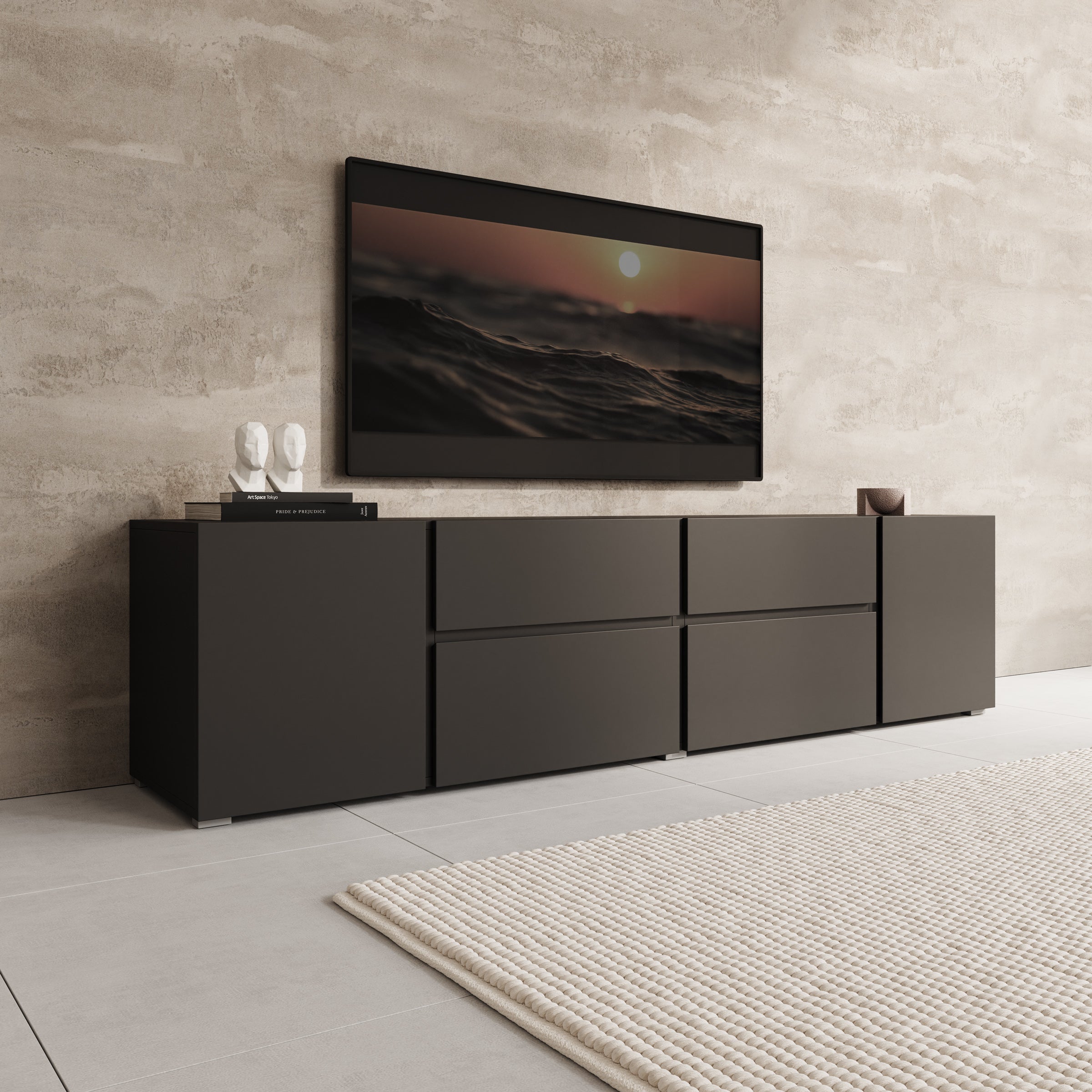 Aroji - TV-Meubel - Zwart - 195x40x48 cm