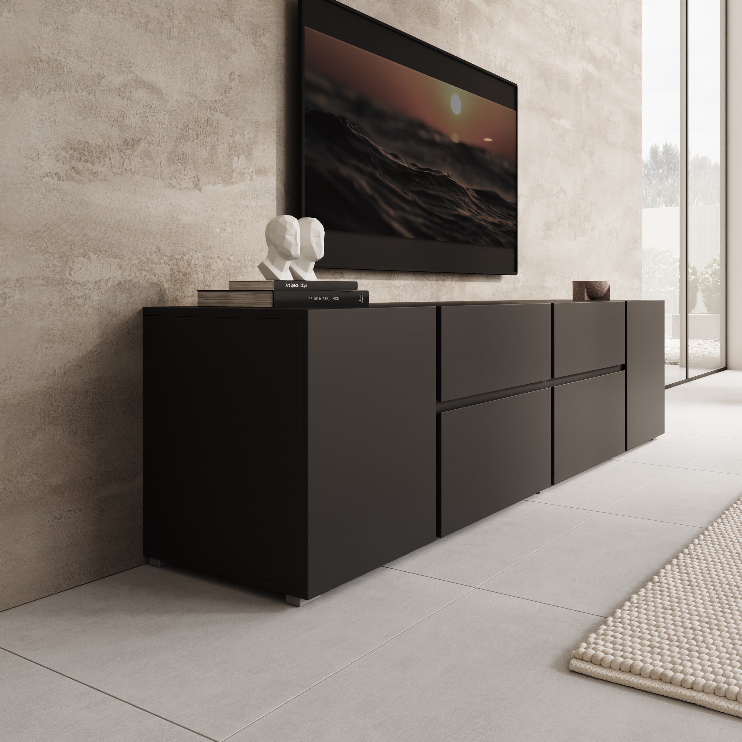 Aroji - TV-Meubel - Zwart - 195x40x48 cm