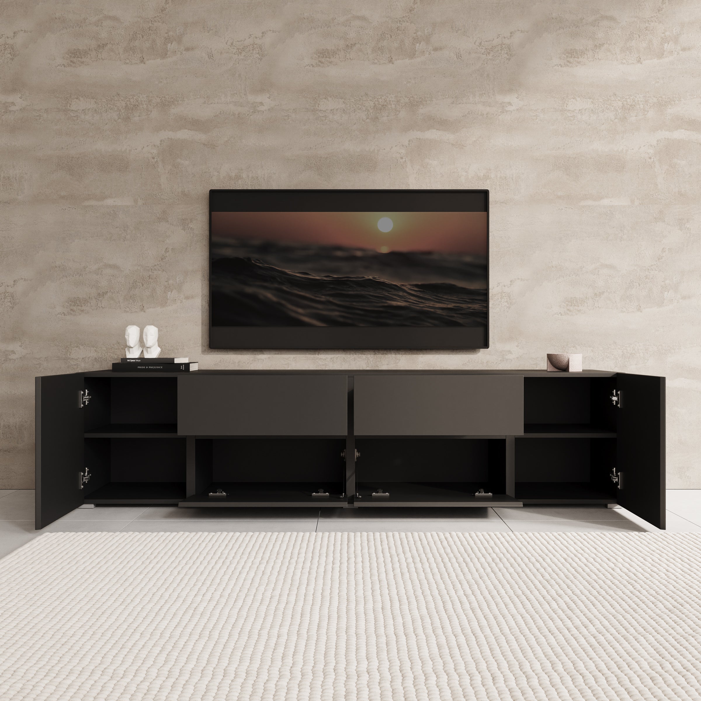 Aroji - TV-Meubel - Zwart - 195x40x48 cm