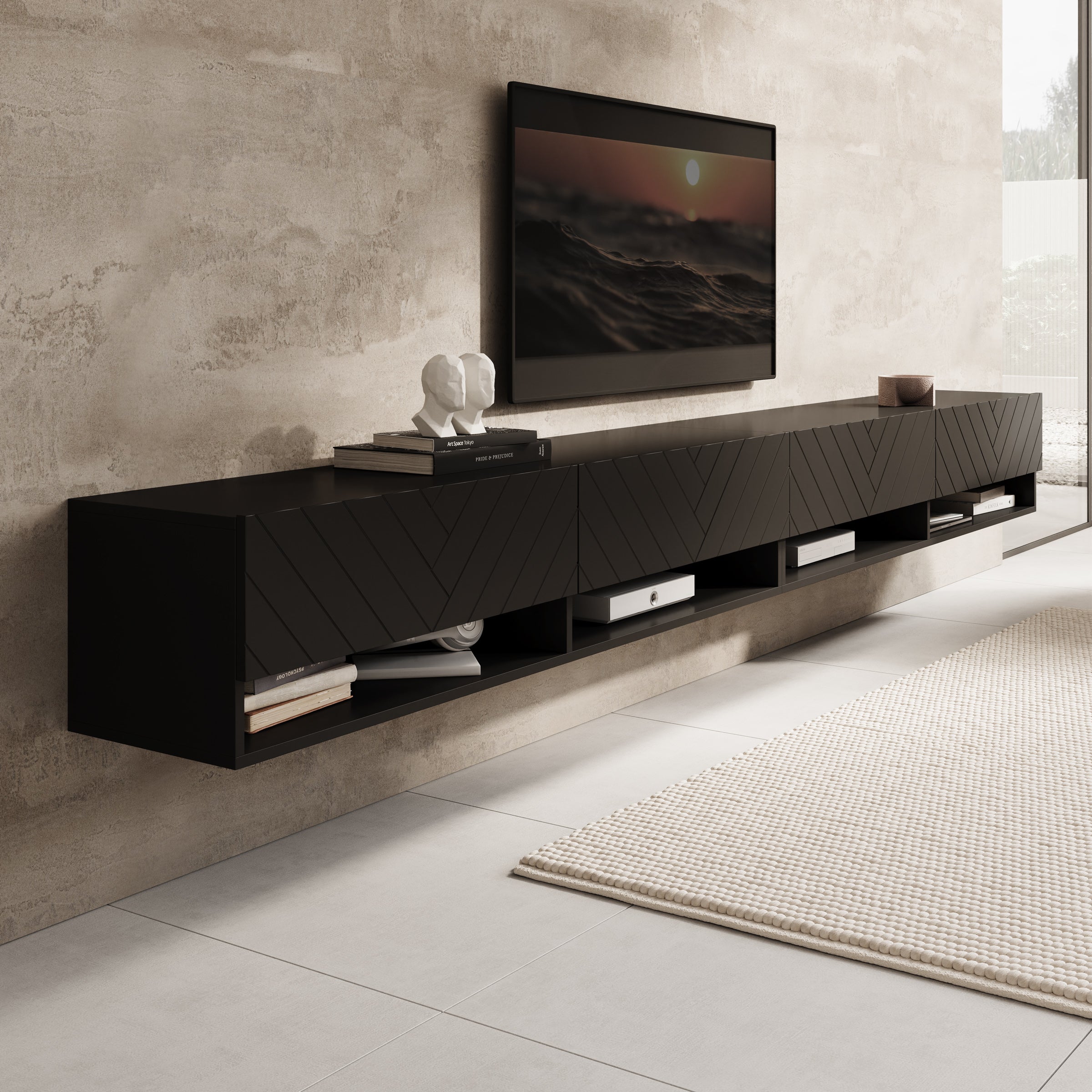 Asino - TV-Meubel  - Zwart Visgraat  - 280x31x30 cm