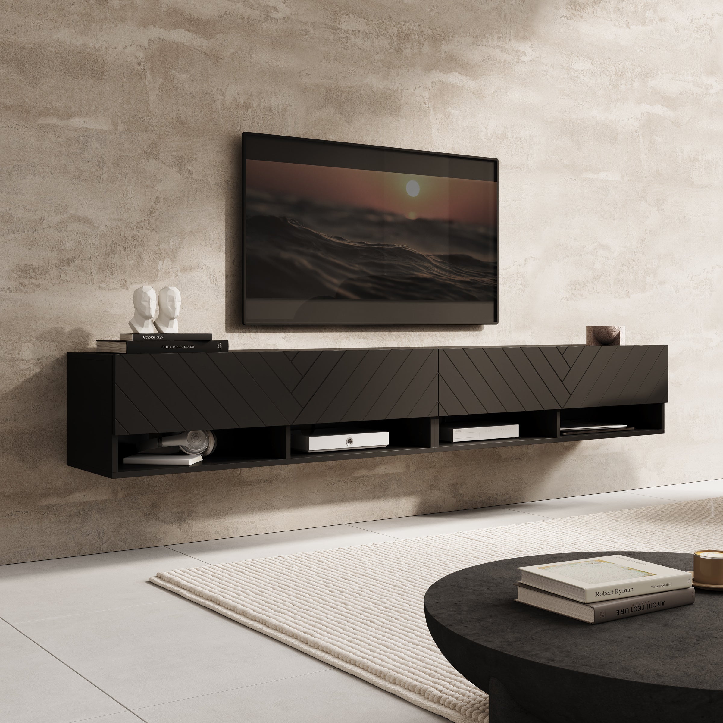 Asino - TV-Meubel  - Zwart visgraat - 200x31x30 cm