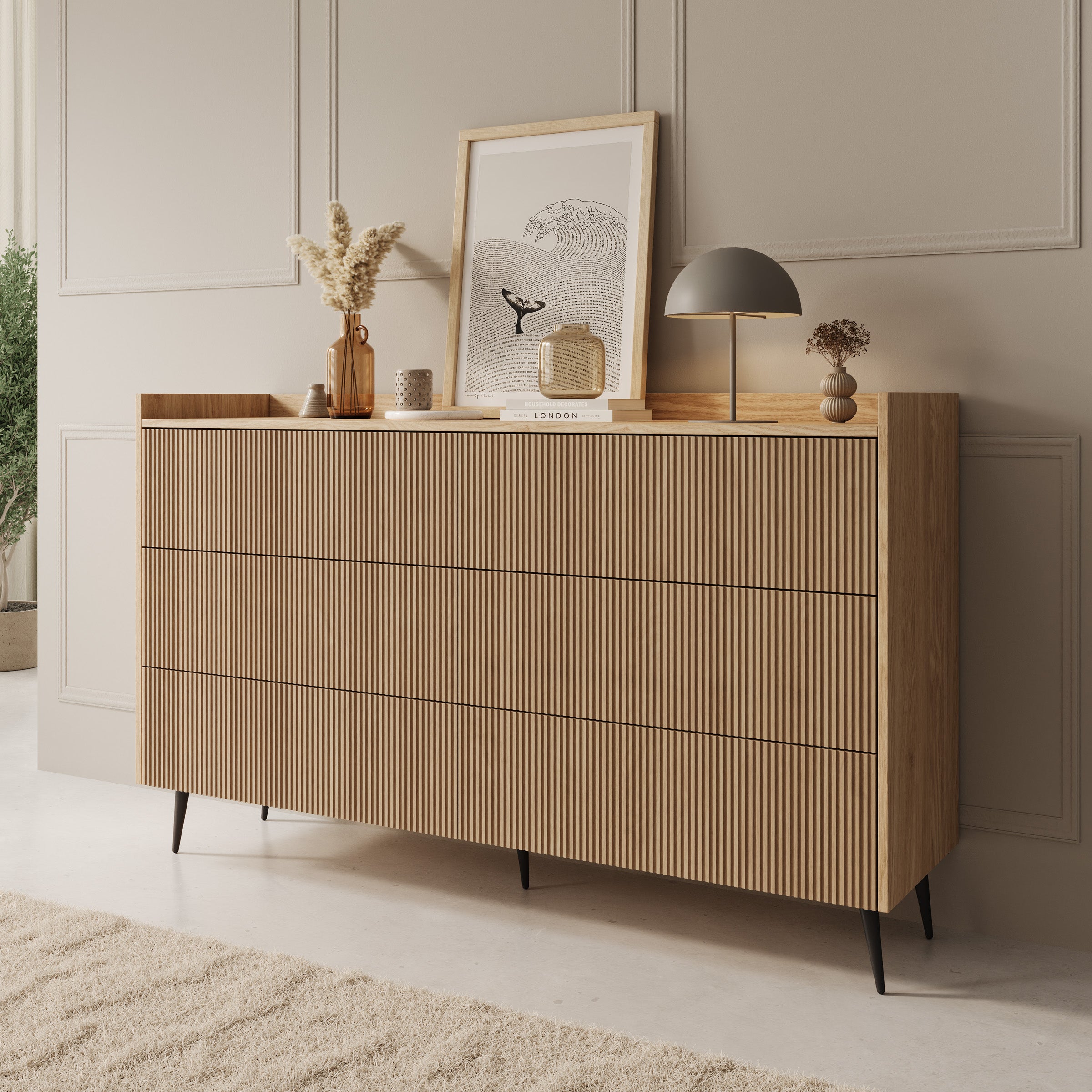 Asty - Ladekast met 6 lades - Licht eikenpatroon - 150x41x92 cm