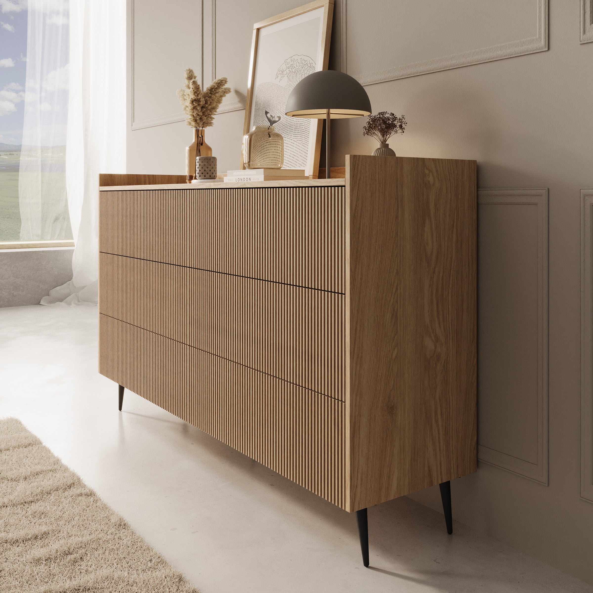 Asty - Ladekast met 6 lades - Licht eikenpatroon - 150x41x92 cm
