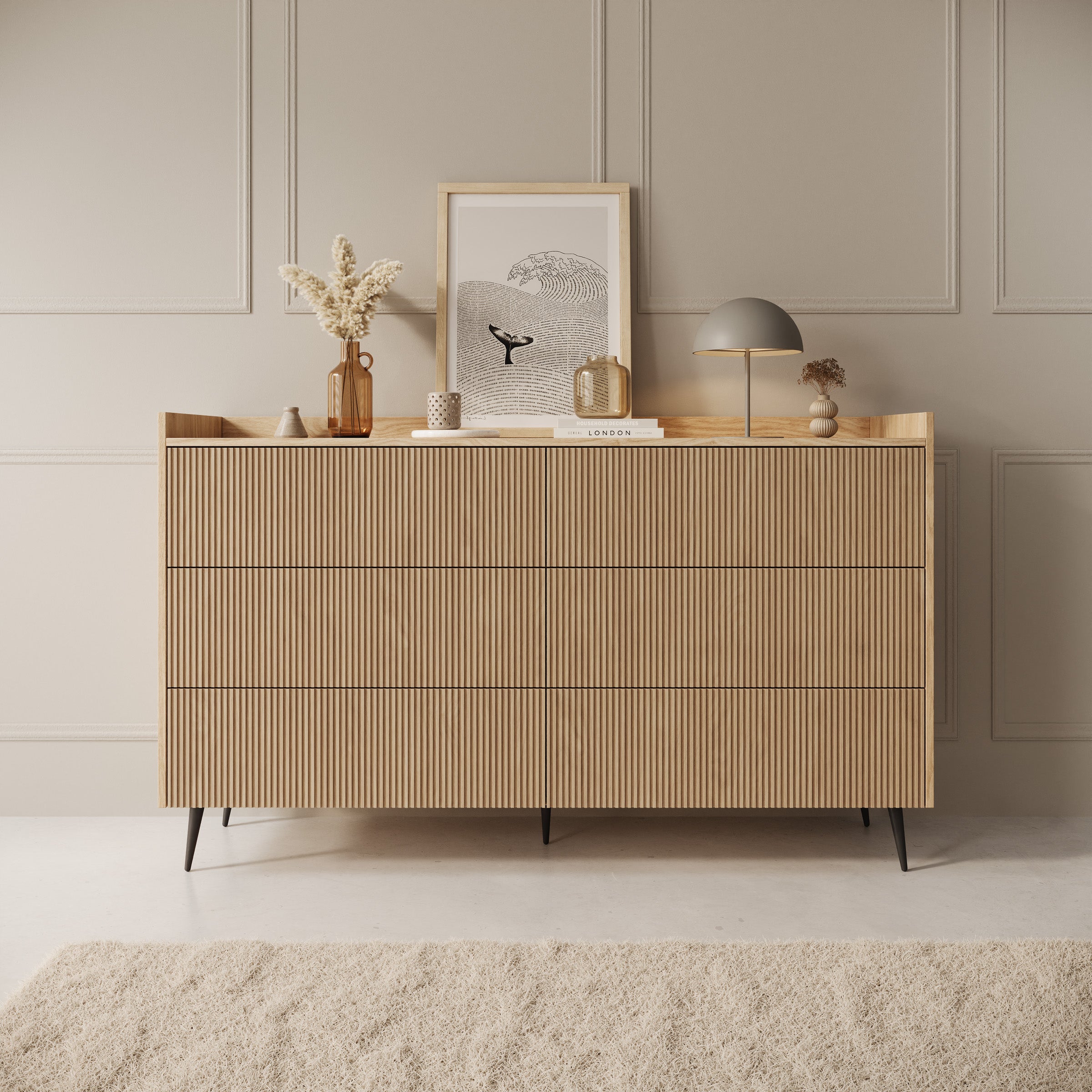 Asty - Ladekast met 6 lades - Licht eikenpatroon - 150x41x92 cm