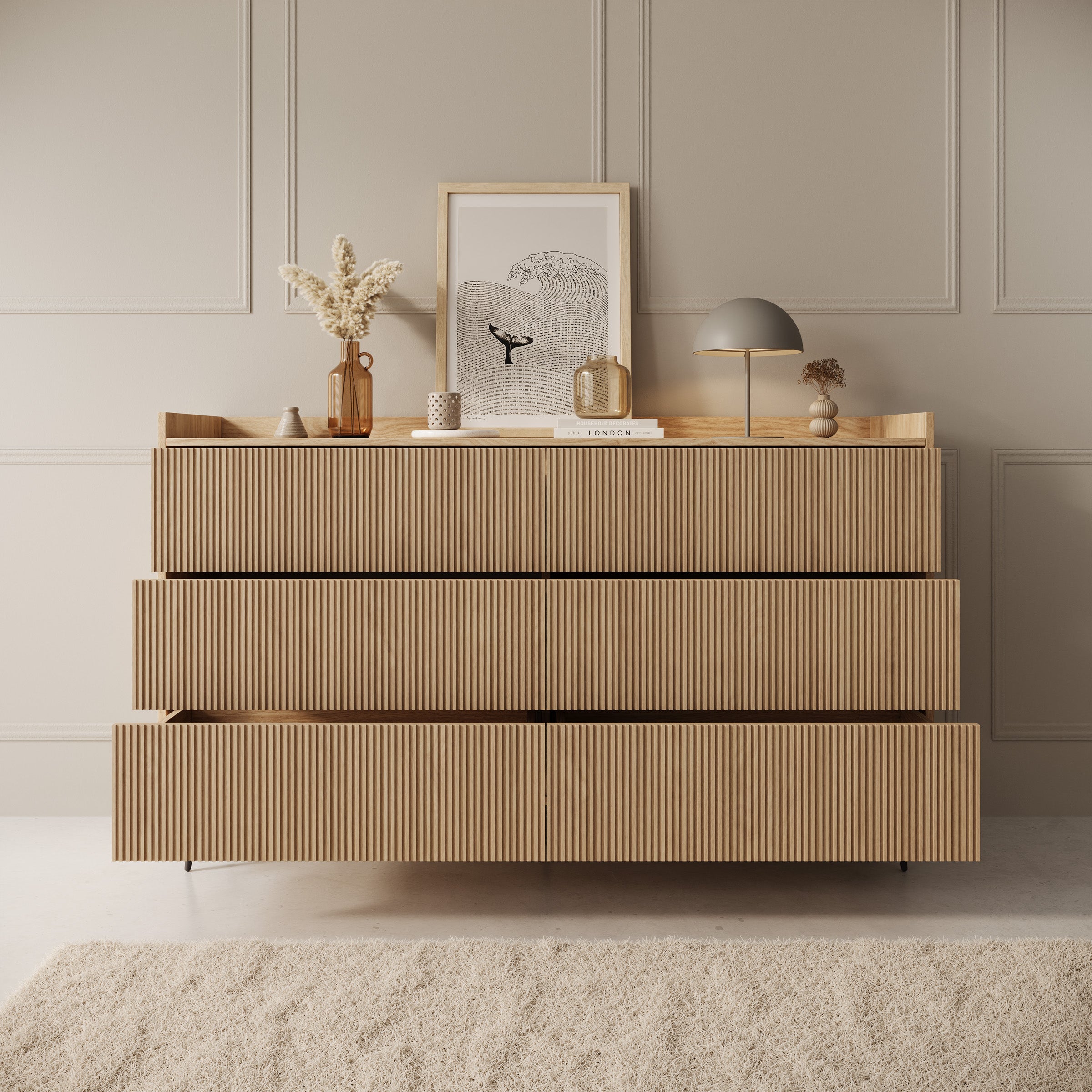 Asty - Ladekast met 6 lades - Licht eikenpatroon - 150x41x92 cm