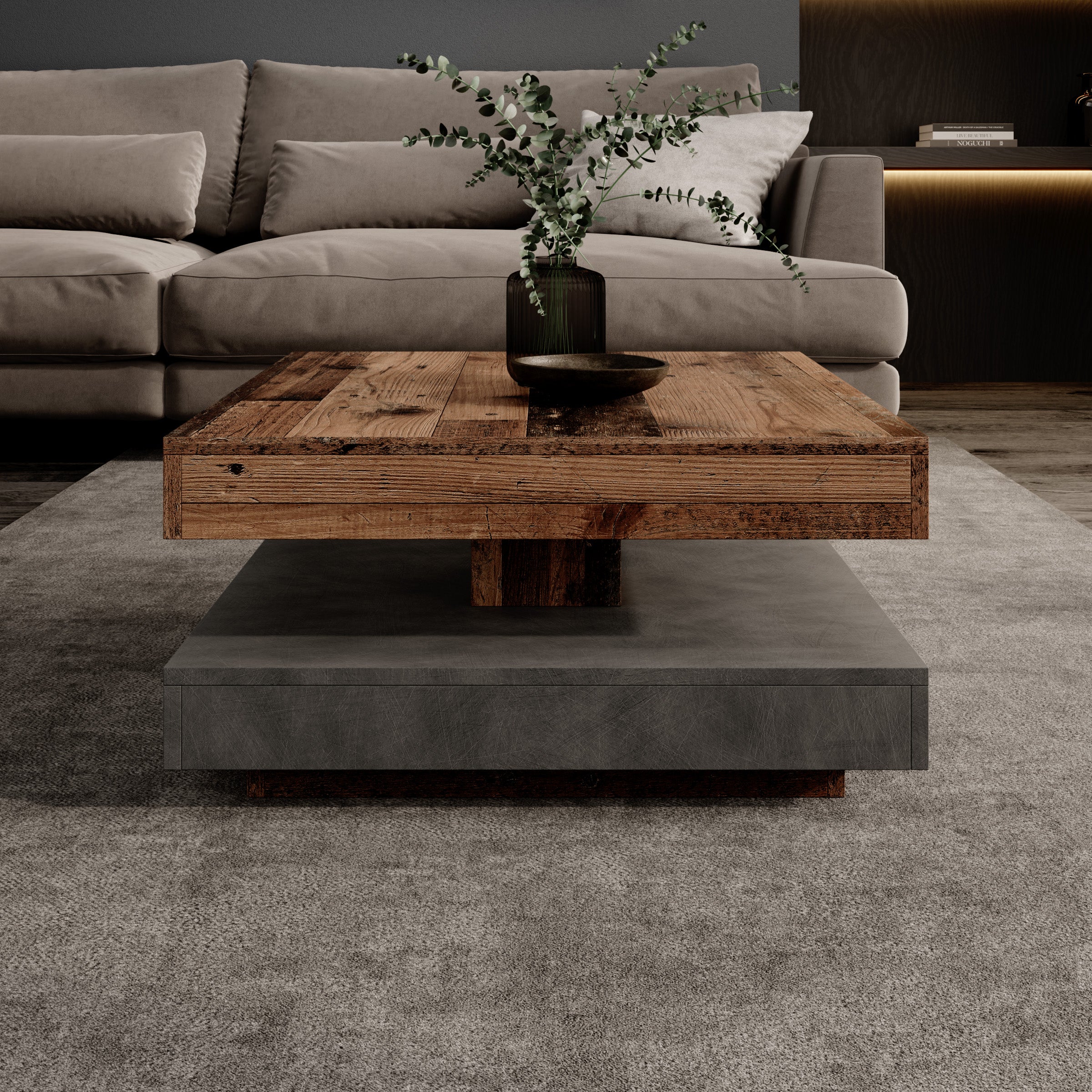 Atwood - Salontafel - Donker eikenpatroon/Grijs - 67x67x35 cm