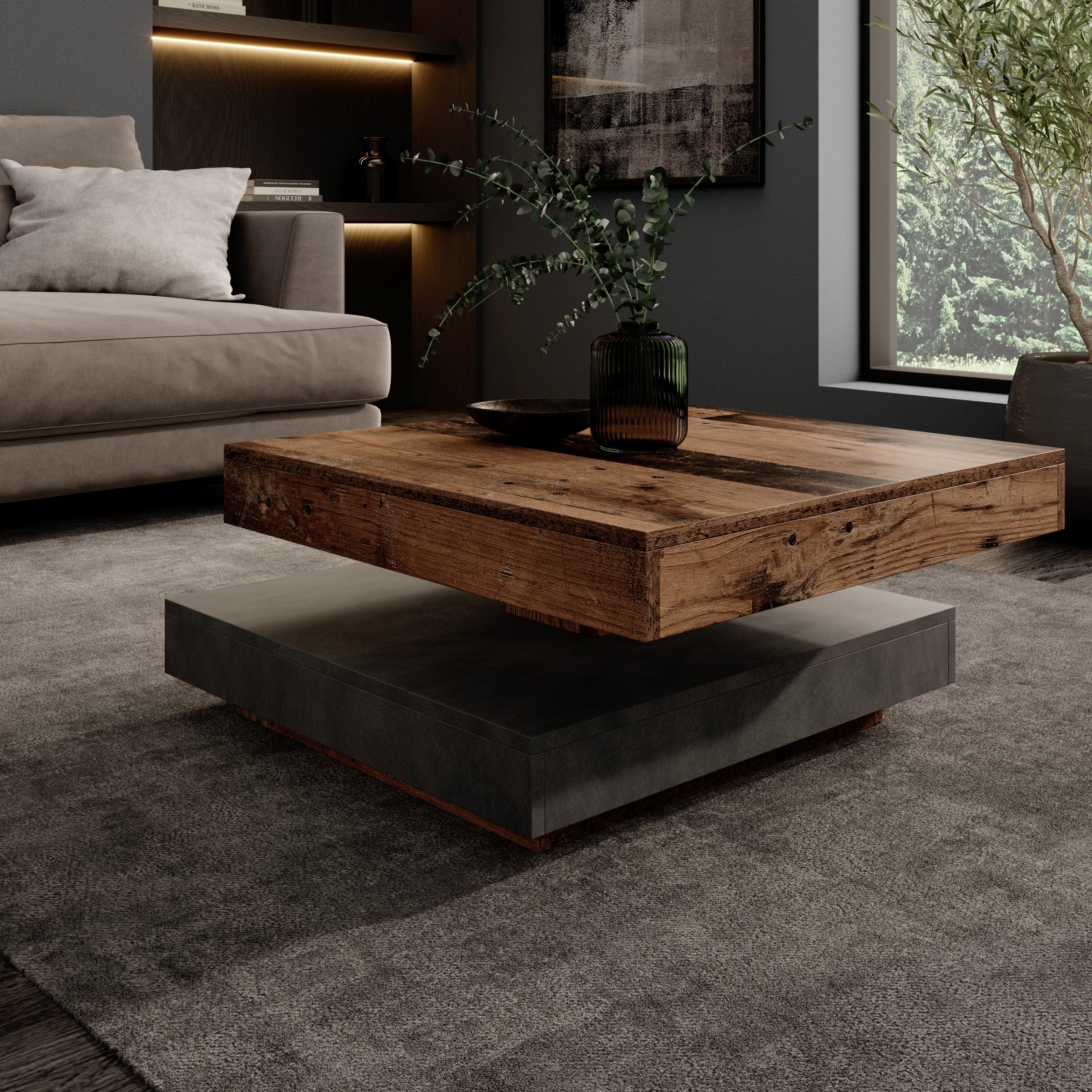 Atwood - Salontafel - Donker eikenpatroon/Grijs - 67x67x35 cm