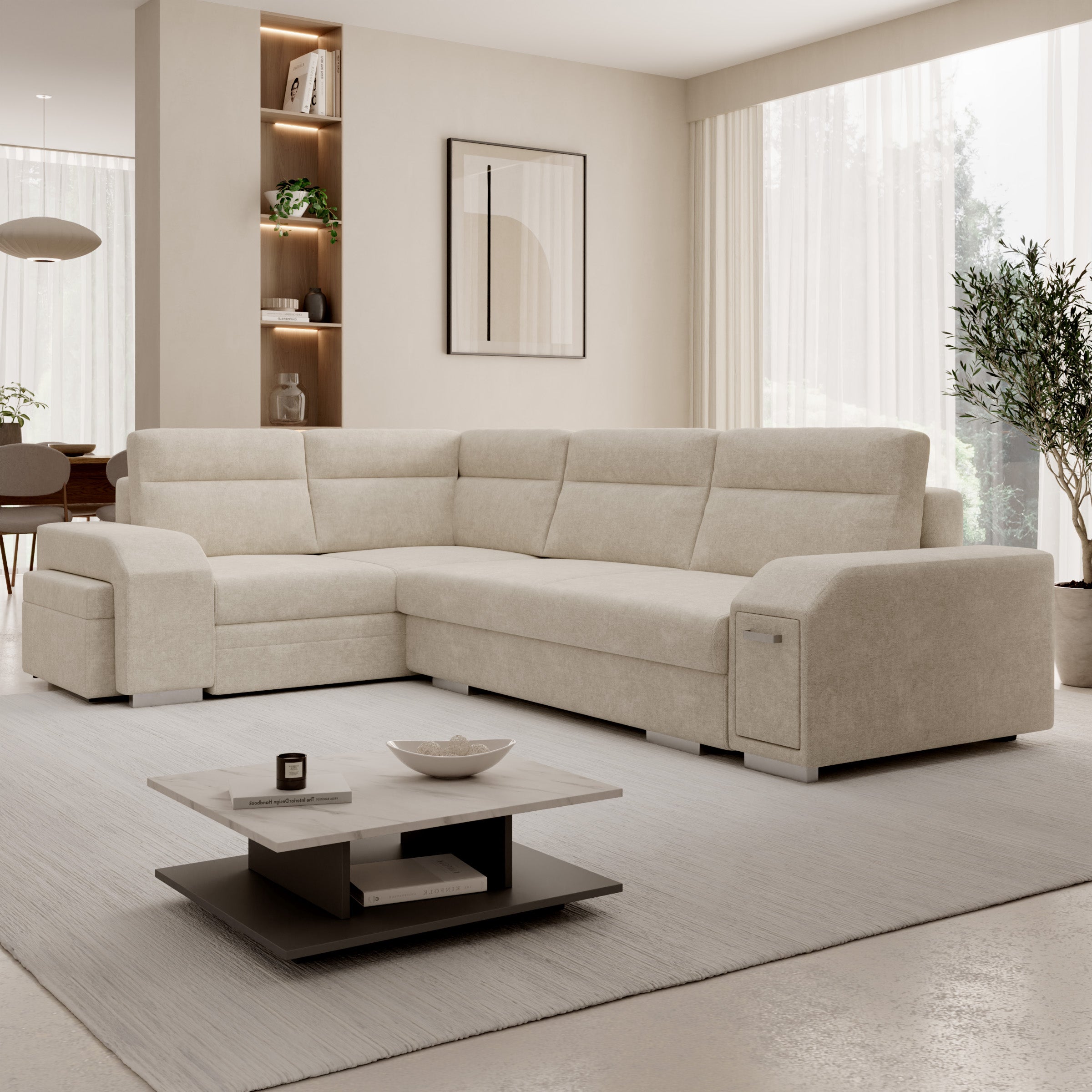 Aurem - Hoekbank 4-zits met poef - Stof beige - Links