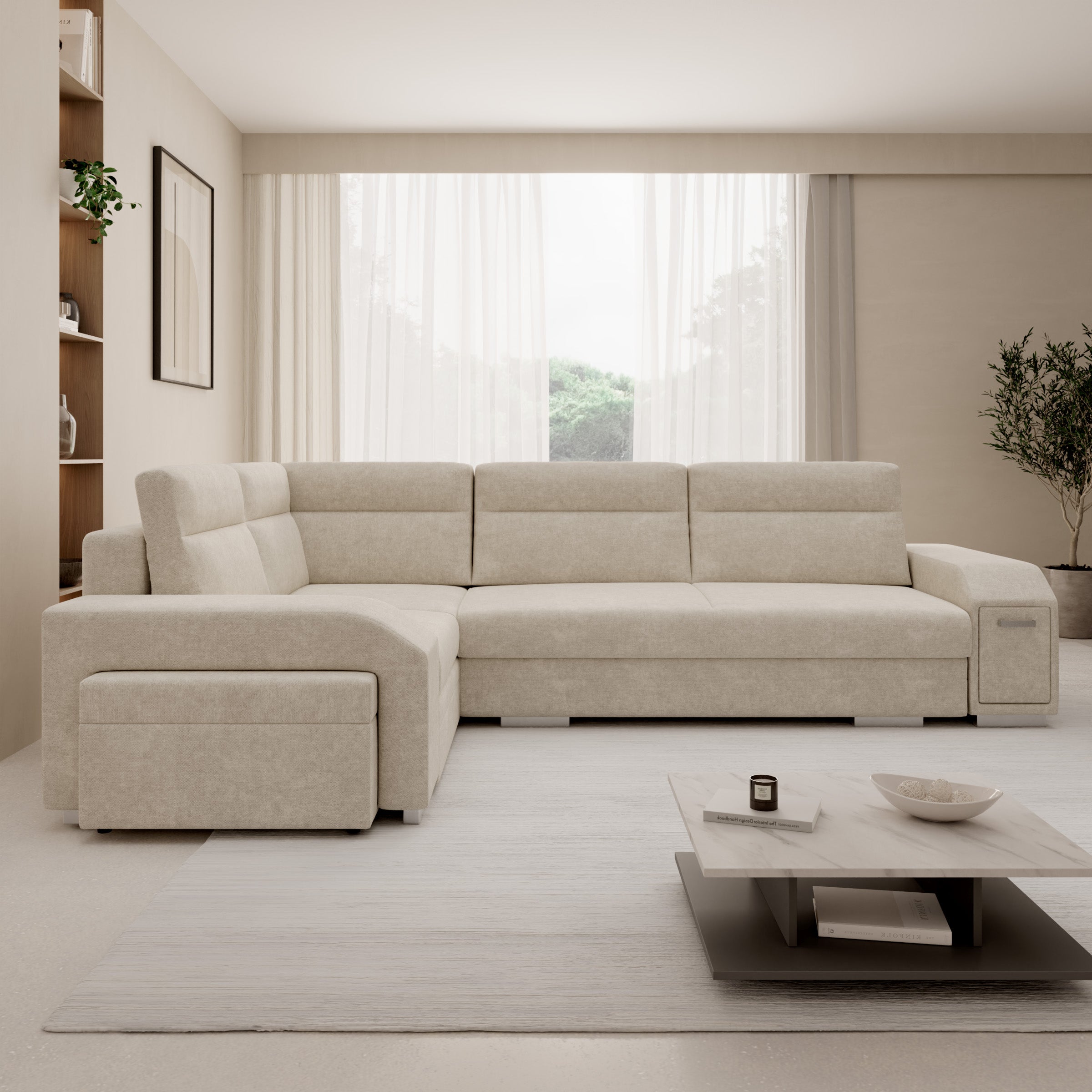 Aurem - Hoekbank 4-zits met poef - Stof beige - Links