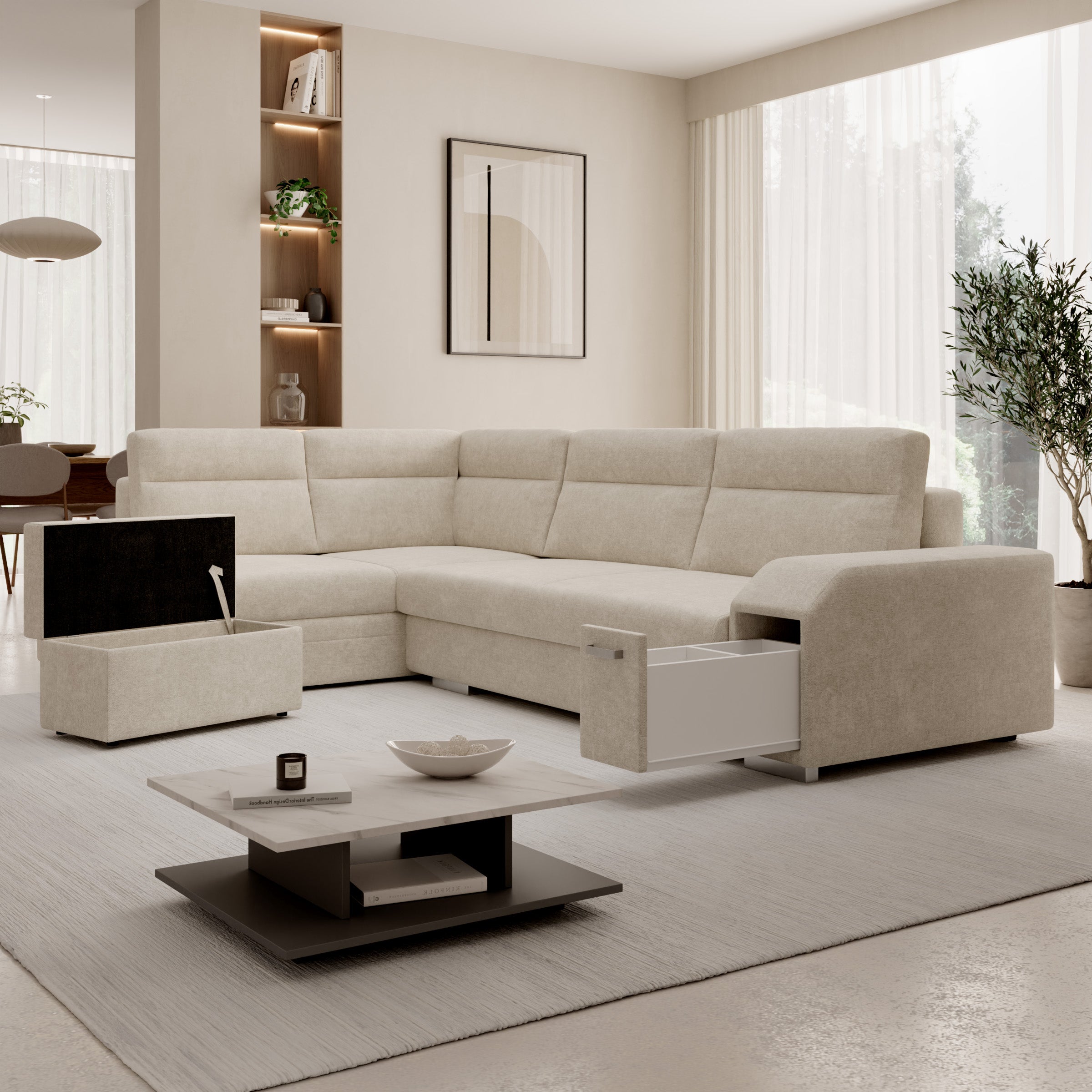 Aurem - Hoekbank 4-zits met poef - Stof beige - Links