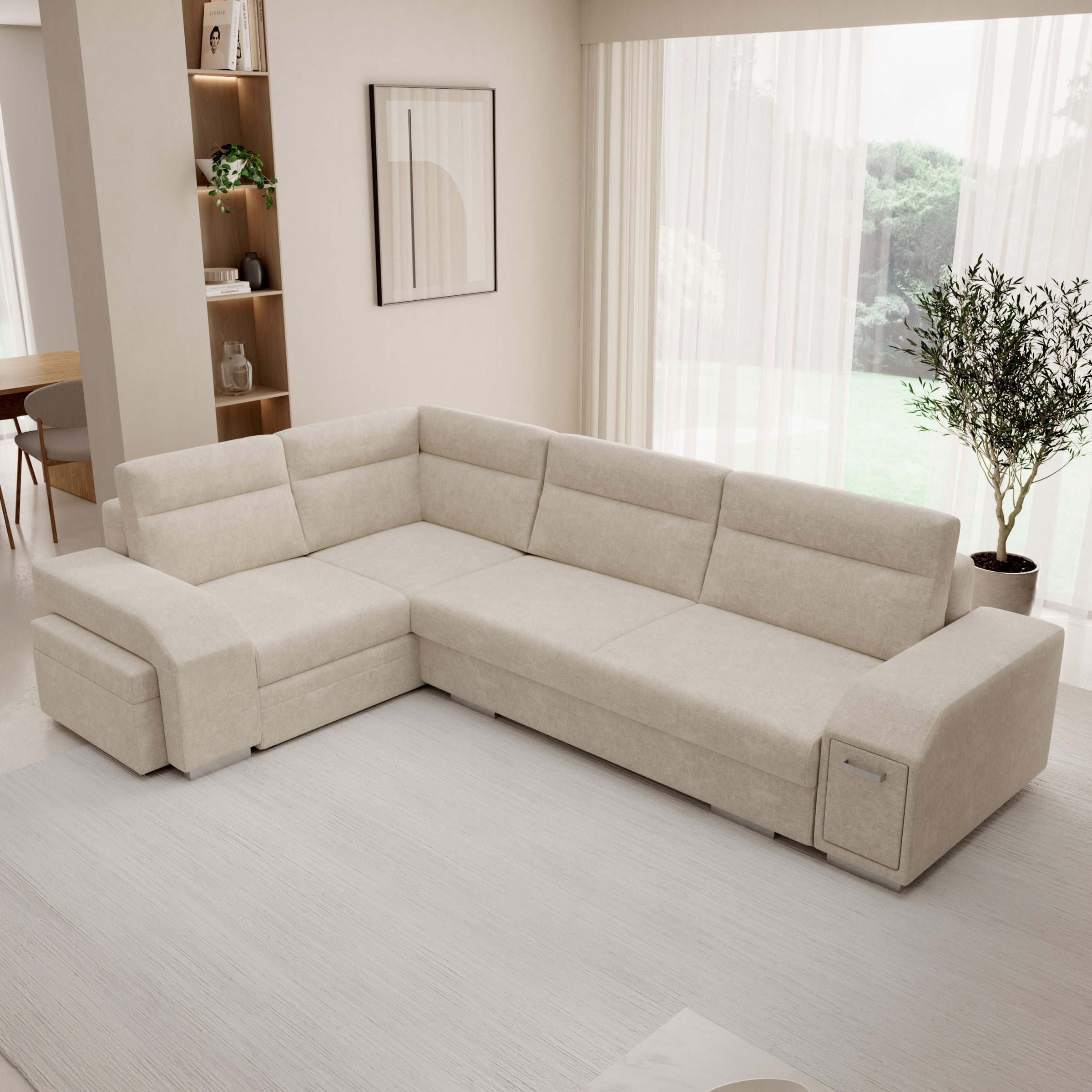 Aurem - Hoekbank 4-zits met poef - Stof beige - Links