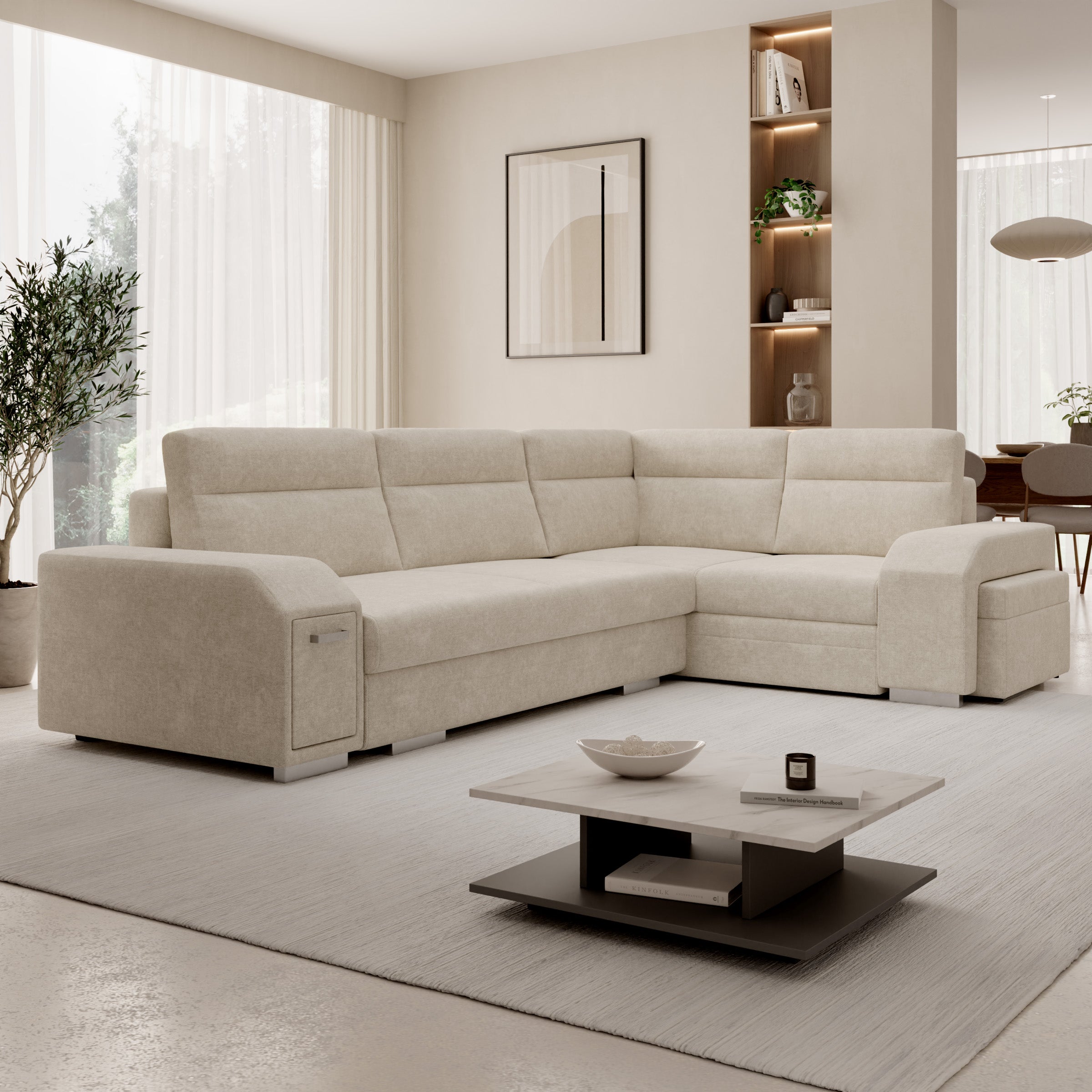Aurem - Hoekbank 4-zits met poef - Stof beige - Rechts