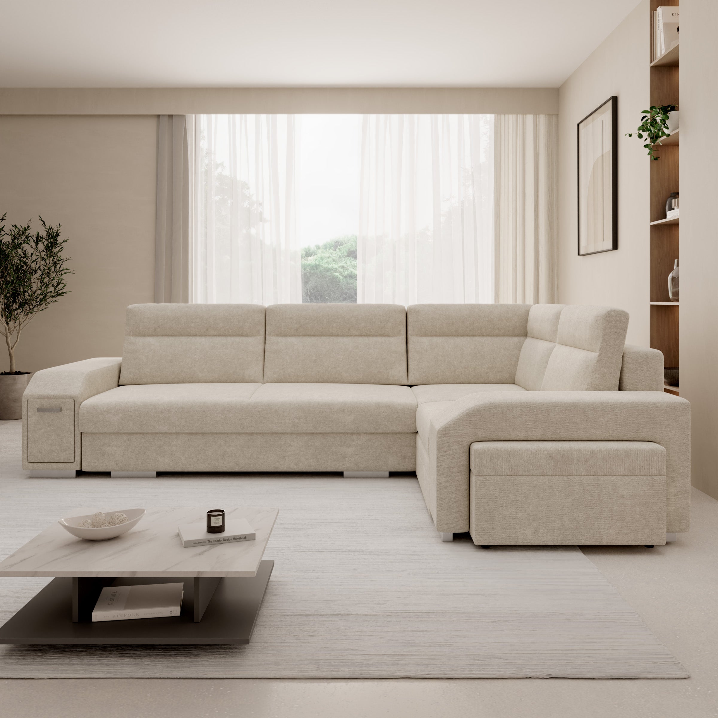 Aurem - Hoekbank 4-zits met poef - Stof beige - Rechts