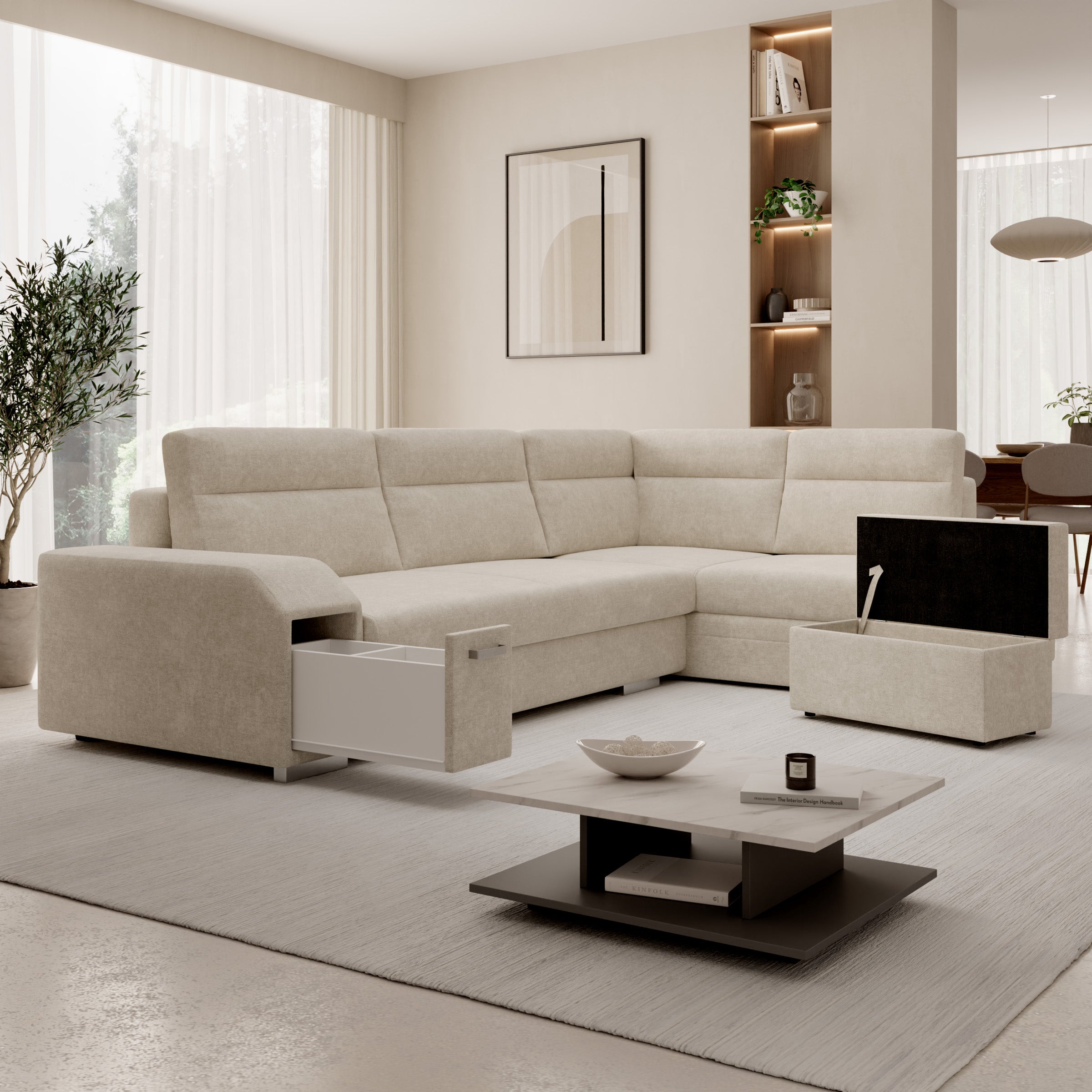 Aurem - Hoekbank 4-zits met poef - Stof beige - Rechts