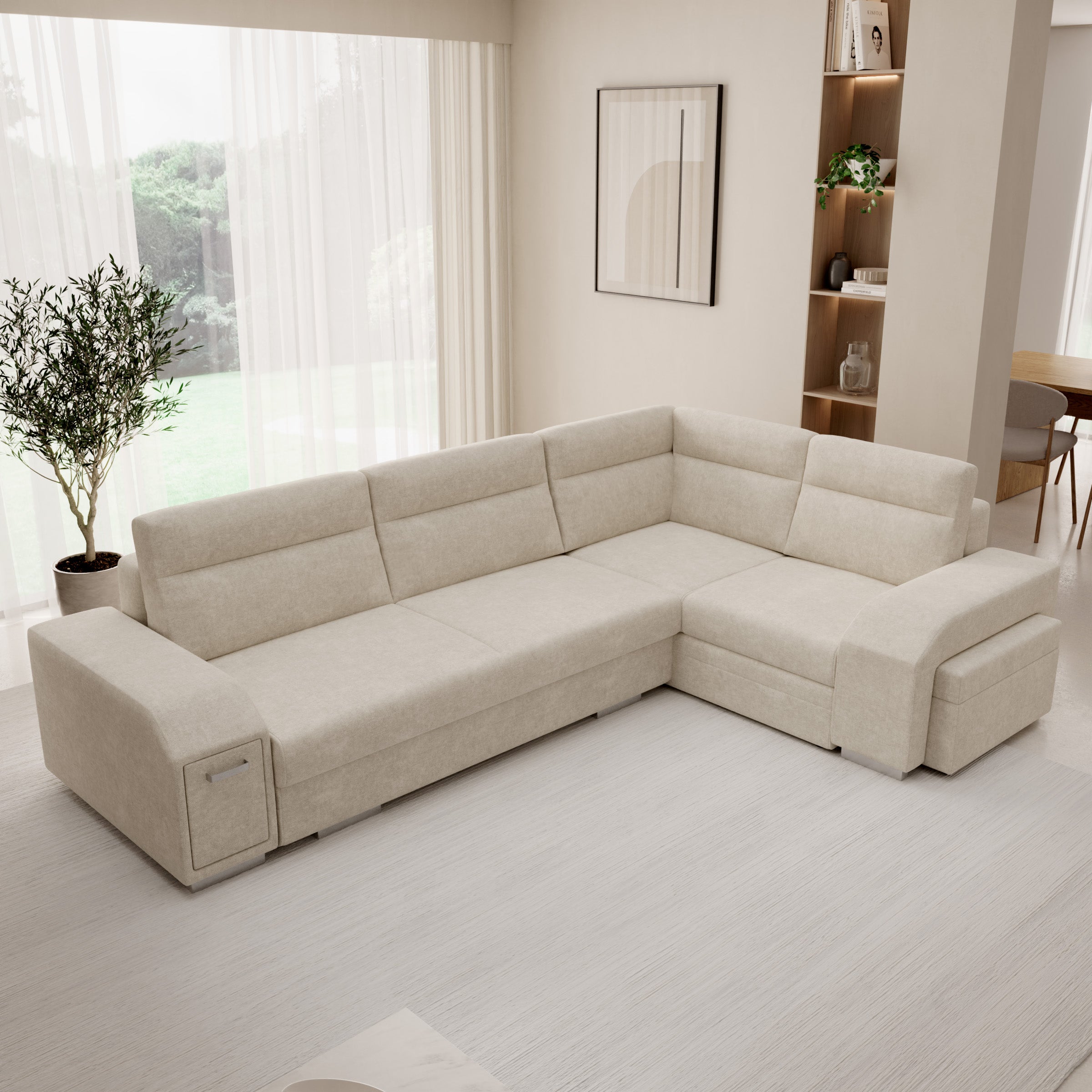 Aurem - Hoekbank 4-zits met poef - Stof beige - Rechts