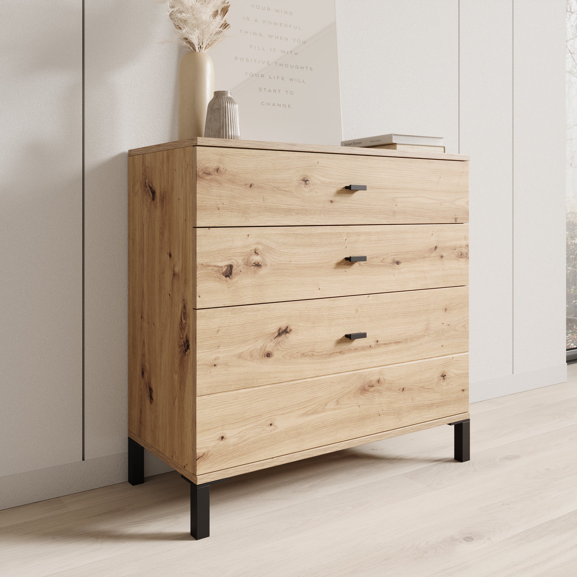 Avellio - Ladekast met 3 lades - Eikenpatroon - 77x35x78 cm