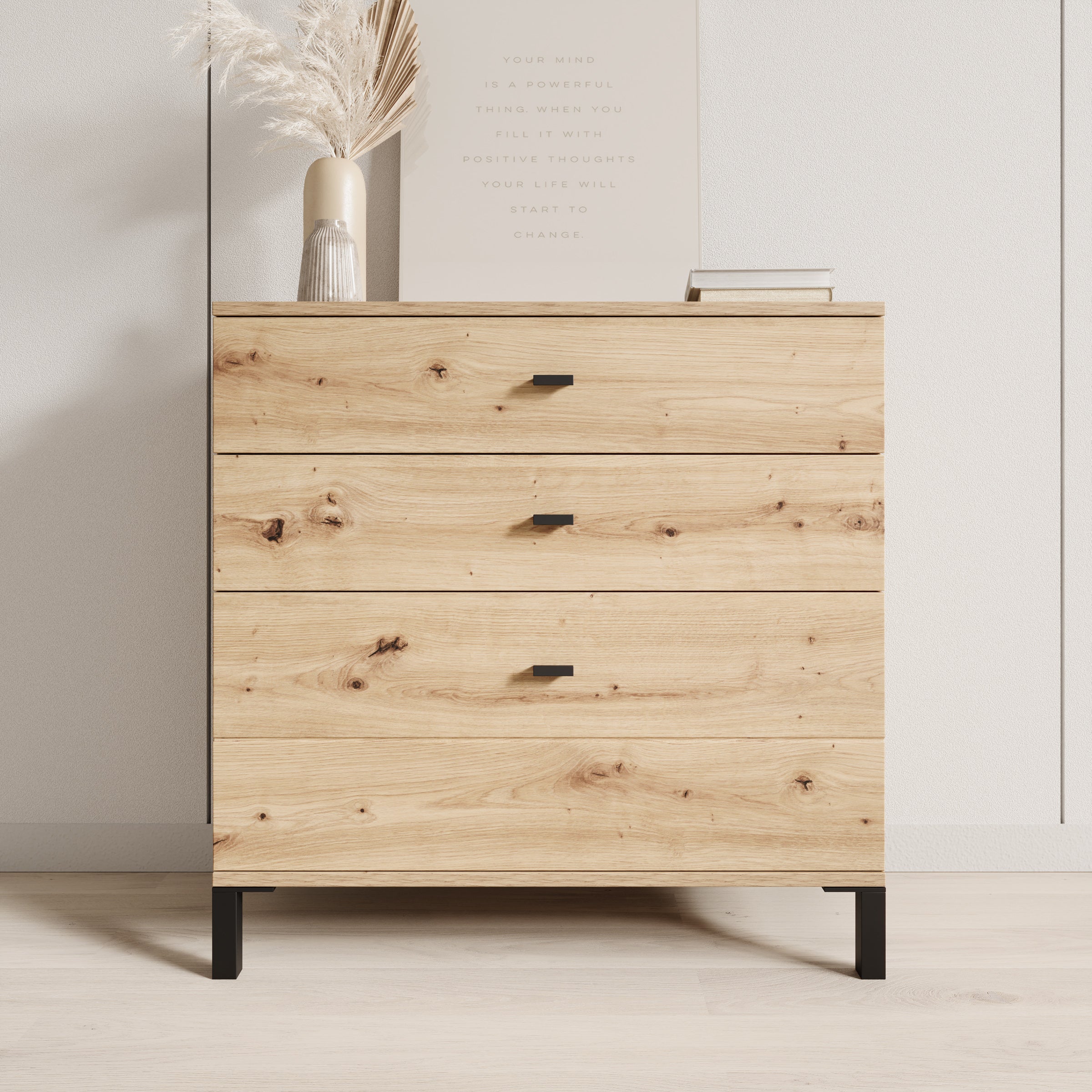 Avellio - Ladekast met 3 lades - Eikenpatroon - 77x35x78 cm