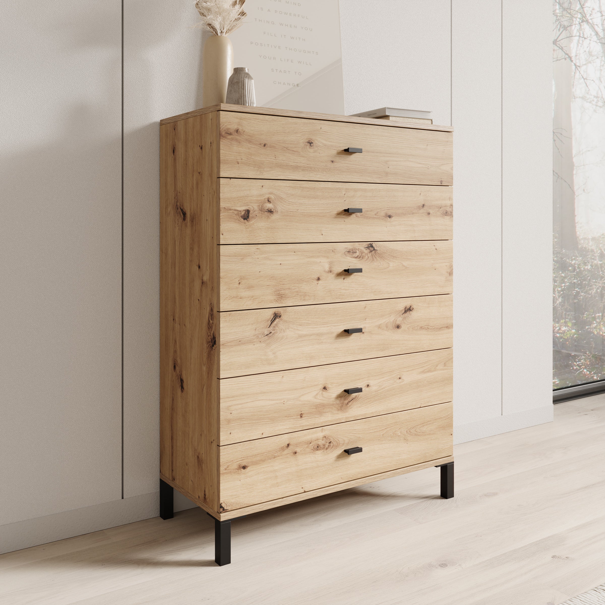 Avellio - Ladekast met 6 lades - Eikenpatroon - 77x35x110 cm