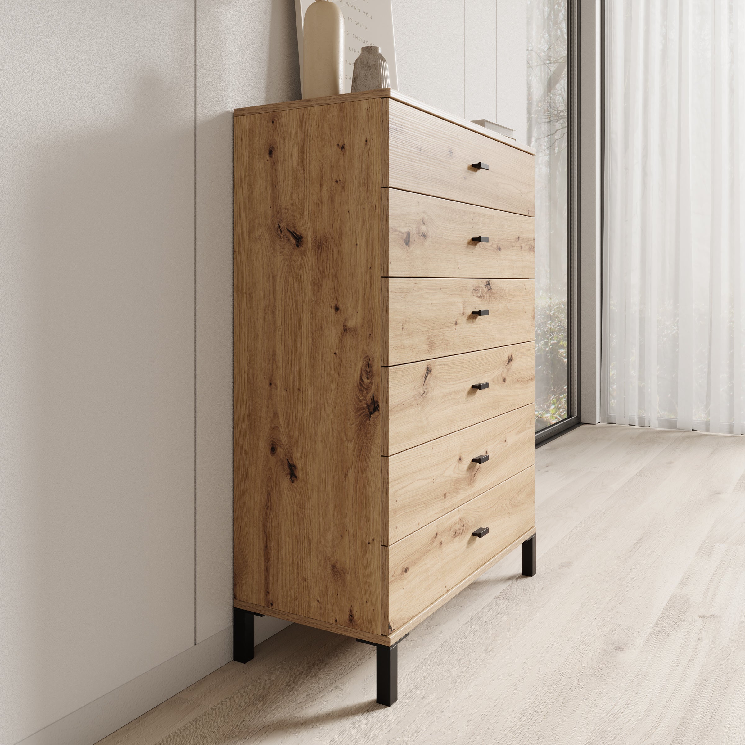 Avellio - Ladekast met 6 lades - Eikenpatroon - 77x35x110 cm